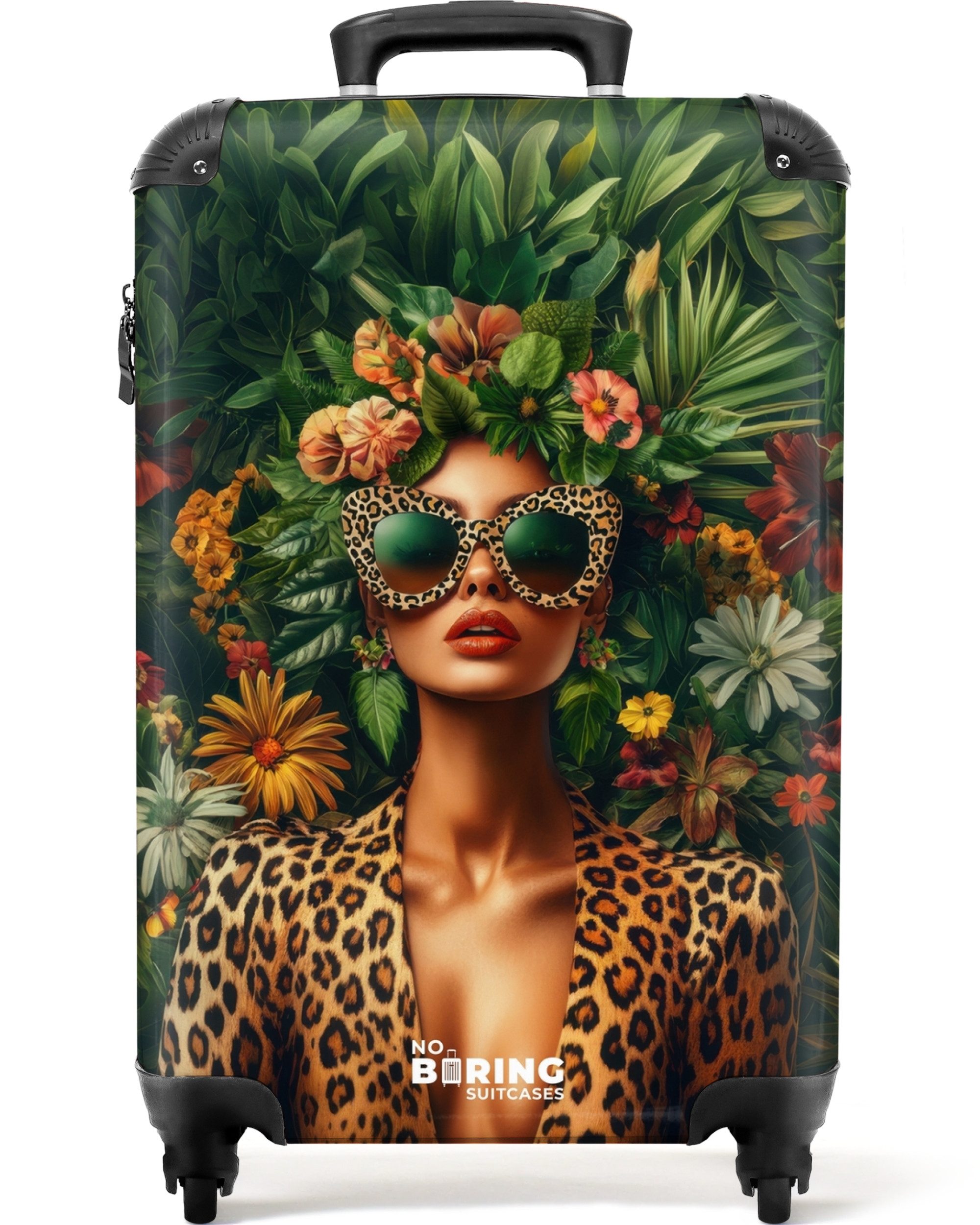 Hartschalen-Trolley Frau mit Blumen und Pantherdruck 55x35x20cm