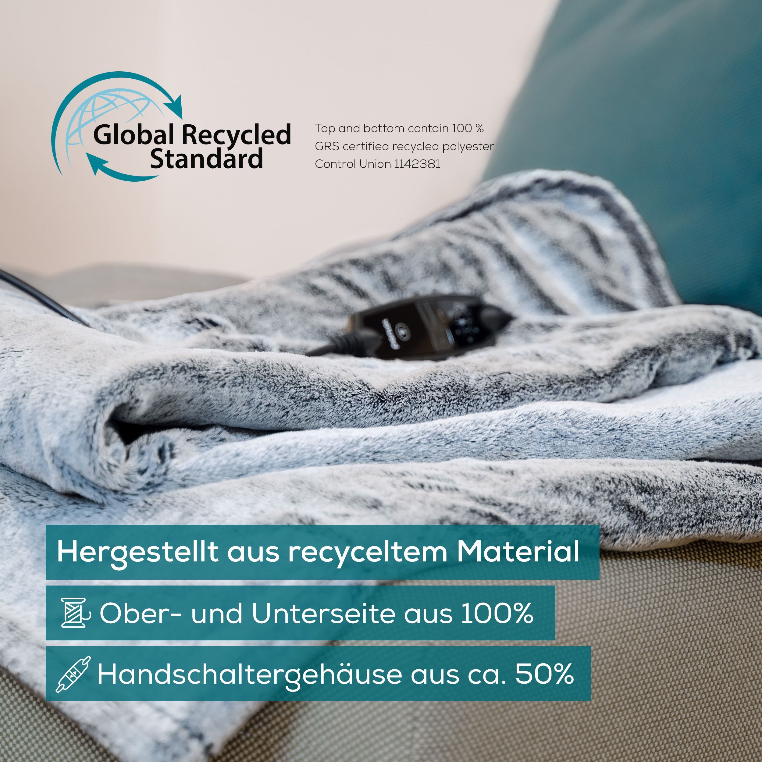 BEURER Heizdecke HD 75 Nordic Grey Green Planet, aus recycelten Materialien, kuschelige Wärmedecke in Kunstfelloptik, mit 6 Temperaturstufen