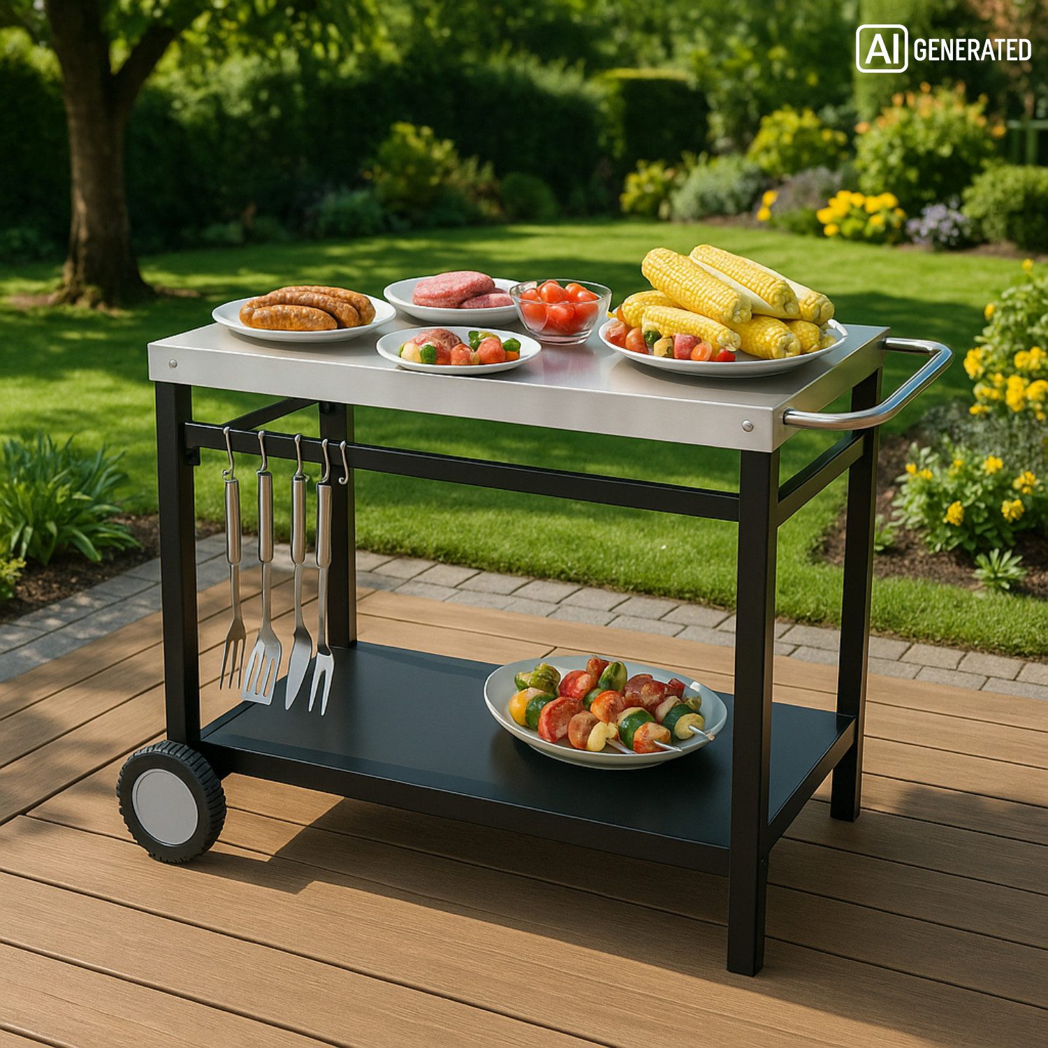 JUSTUS Grillablagetisch / Grill-Servierwagen mit Rollen / Multi-Trolley, Maße: 111 x 50 x 81 cm (B x T x H)