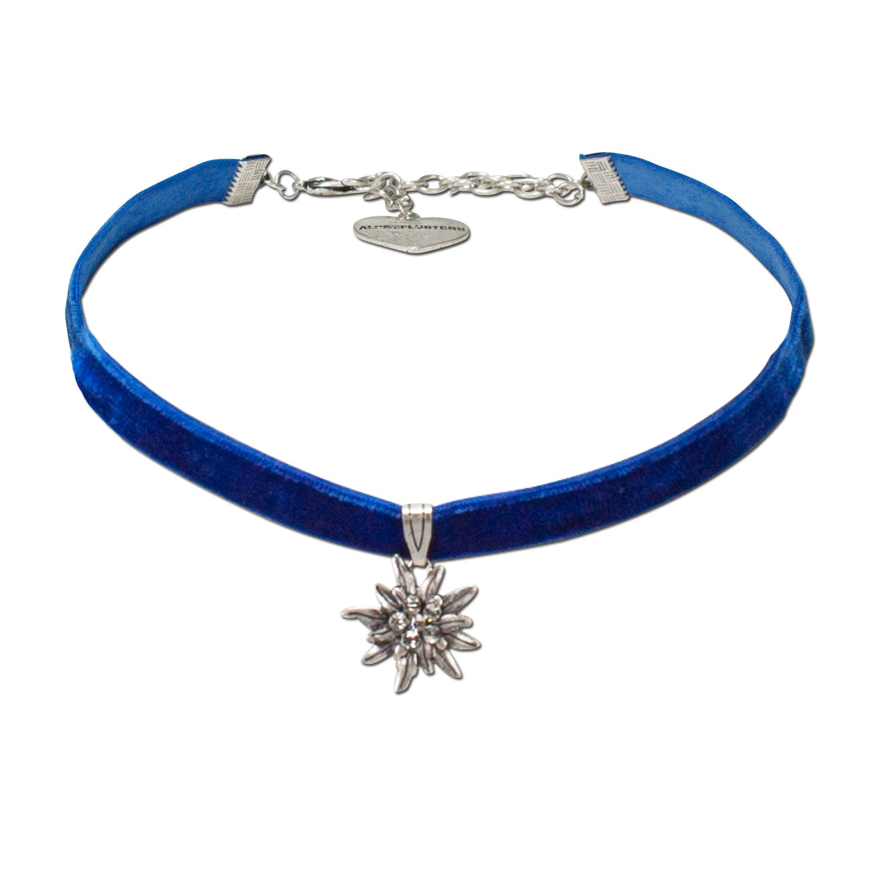 Alpenflüstern Choker Trachten-Samt-Kropfband Strass-Edelweiß klein (blau), - Trachtenkette enganliegend, Kropfkette elastisch, Damen-Trachtenschm