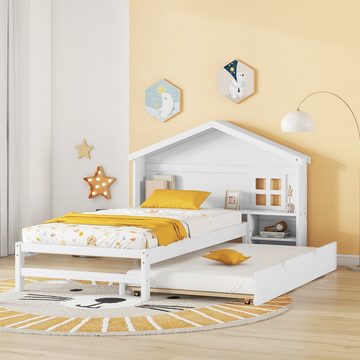 PFCTART Kinderbett 90*200cm hausförmiges Kinderbett,flaches Bett,kleine Fensterdekoration, Hohe Tragfähigkeit, robust und langlebig