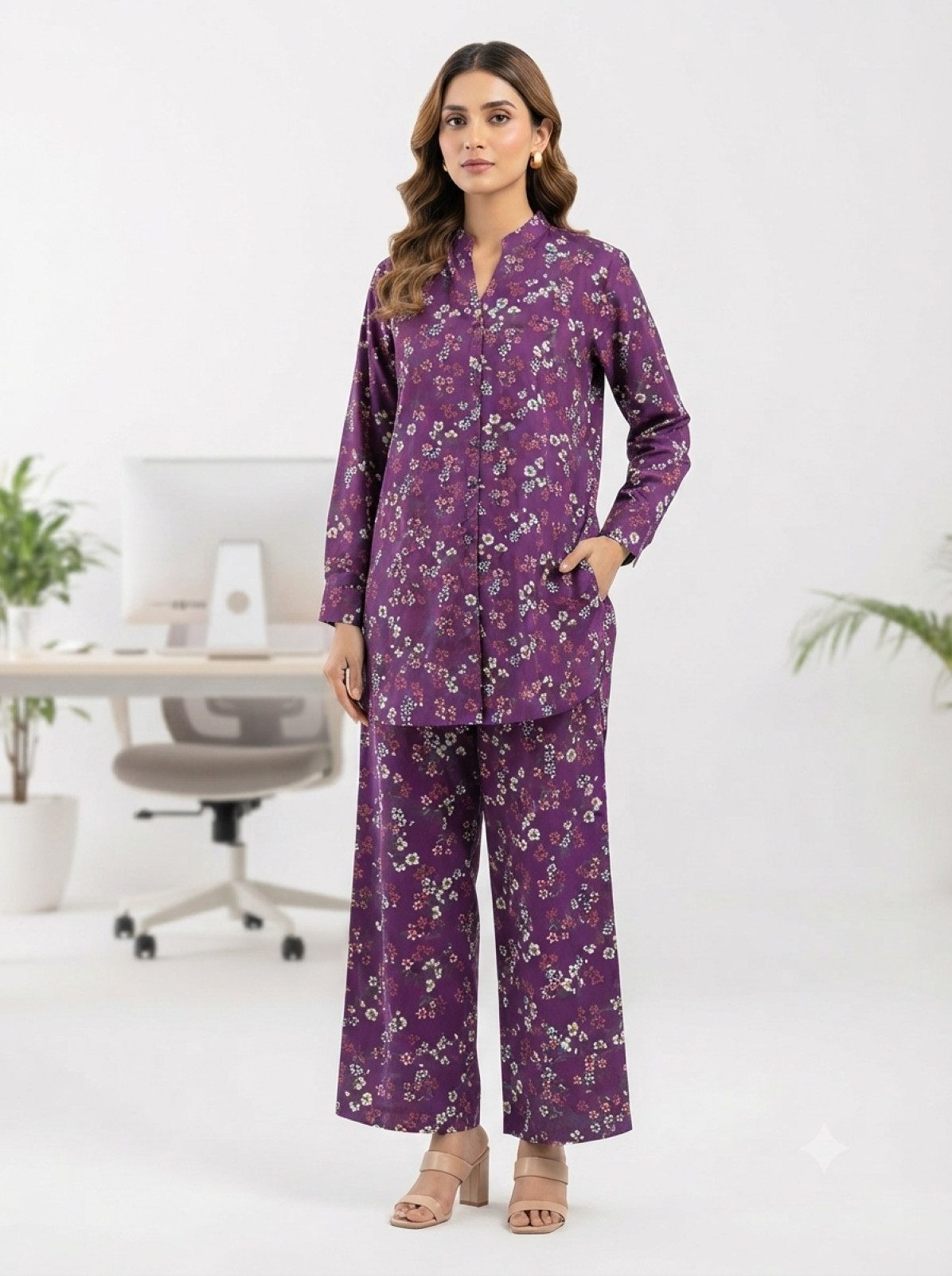 PfauGermany Hemdbluse All Day Office Wear Comfort .2 Pcs Set Langarm Hemd + Wide-leg palazzo