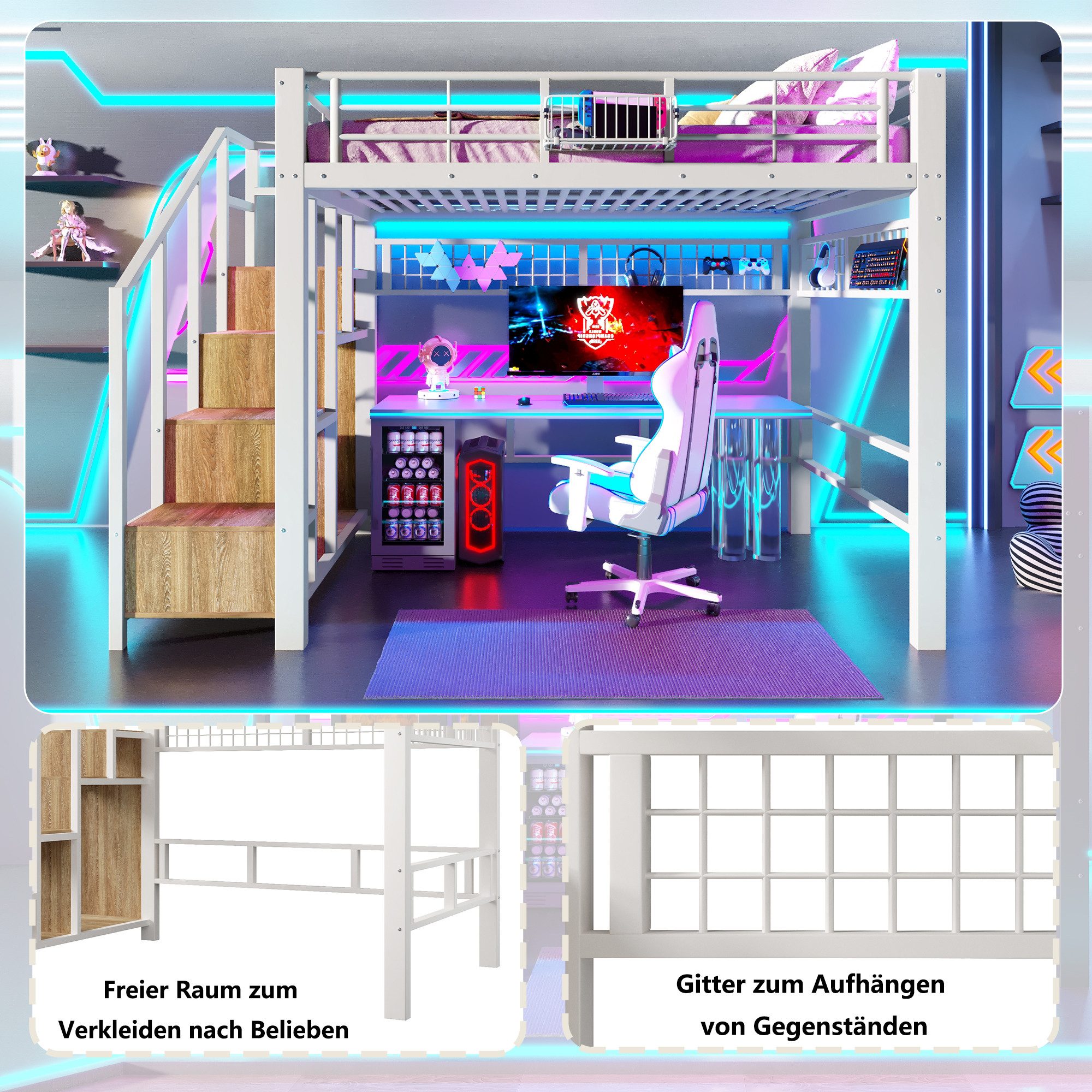 Flieks Hochbett Metallbett 140x200cm mit LED-Lichtleiste Stauraumtreppe Metallgitter – Bild 4 von 5