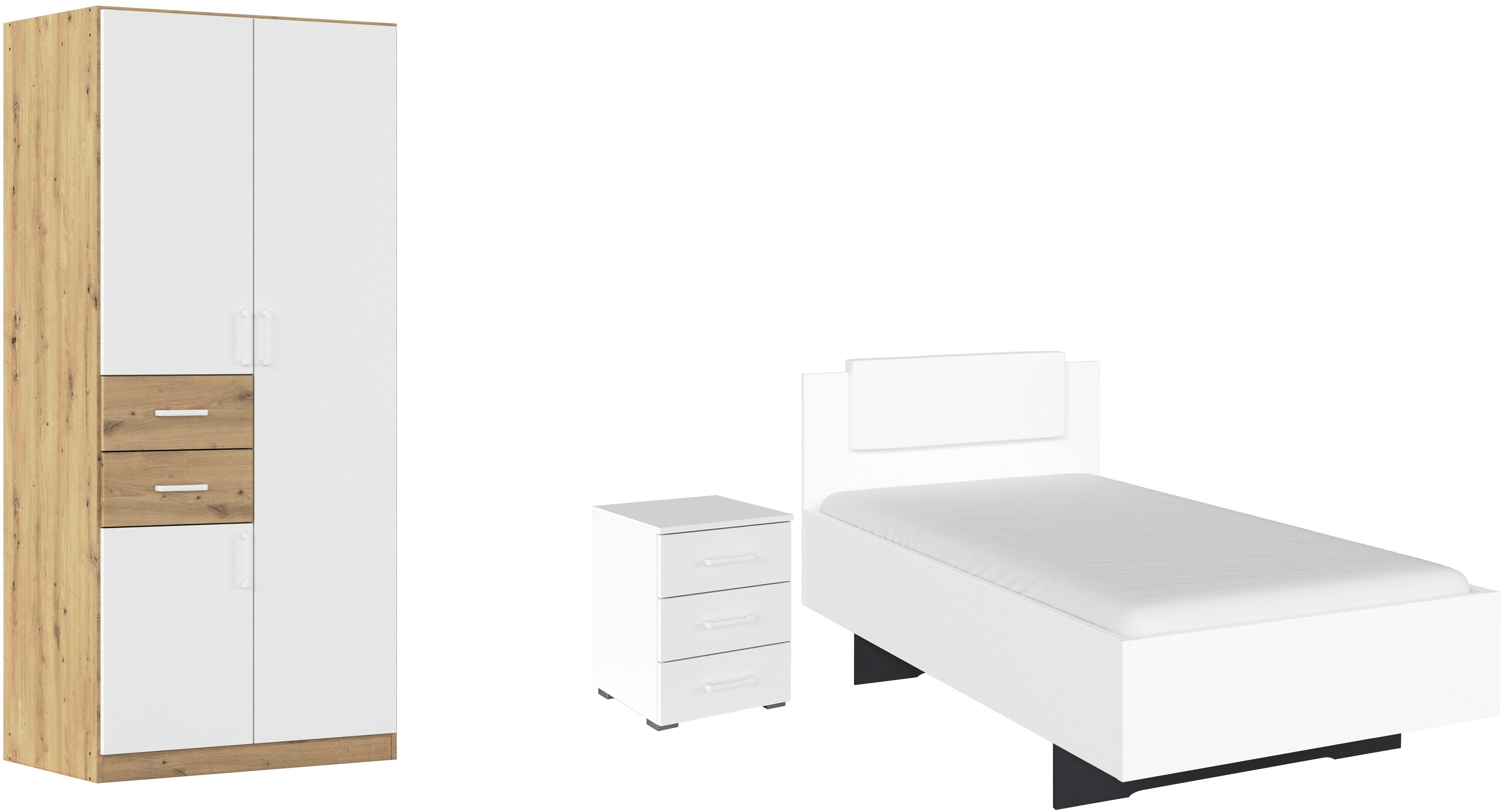 rauch Schlafzimmer-Set Komplettzimmer Komplettschlafzimmer Schlafzimmer-Set (3-St) MAIKA, (Set, 3-tlg), Schrank 3 Breiten, 2 Höhen, Bett 100 cm, Nachttisch MADE IN GERMANY