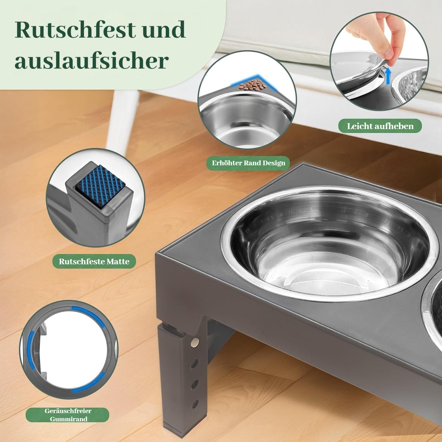 BlingBin Futternapf Erhöhter Hundenapf mit 2 Edelstahlnäpfen und 1 Anti-Schlingnapf, Edelstahl, Silikon, 5 Höhenverstellbar Futterstation für Kleine Mittlere Große Hunde