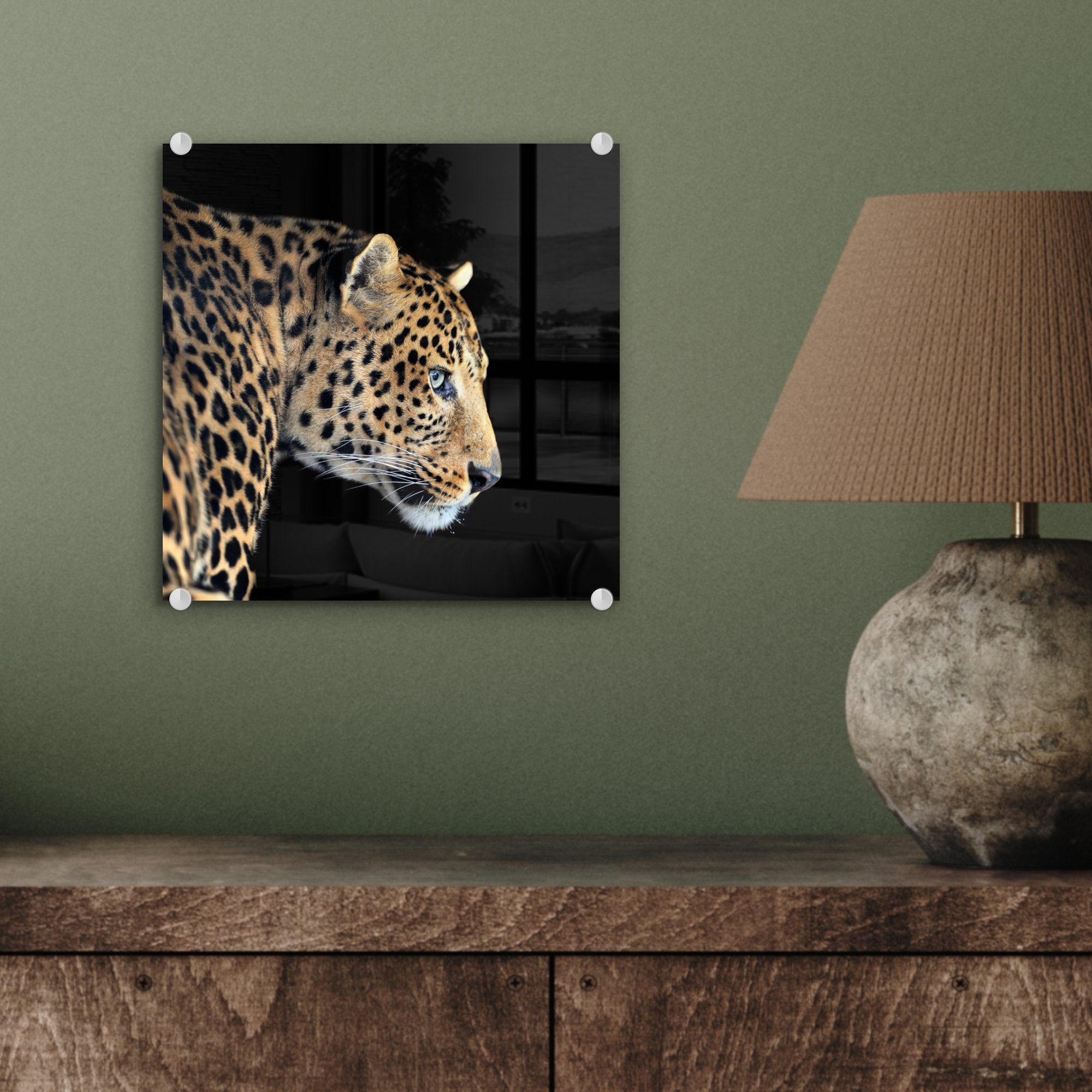 - - Glasbilder Leopard Foto MuchoWow Glas - Acrylglasbild (1 - St), Glas Wandbild Tiere auf - Wanddekoration Bilder auf Schwarz,