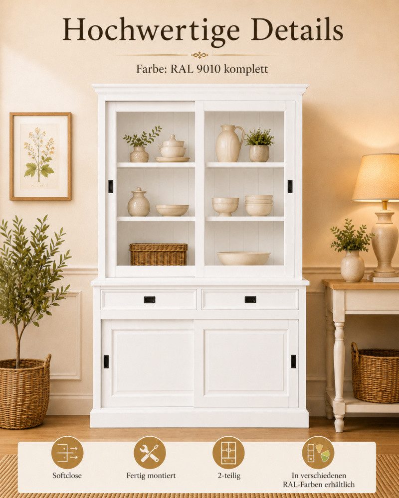 Wohnpalast Vitrine Landhaus Vitrinenschrank Neuss 150 cm Weiß Buffetschrank