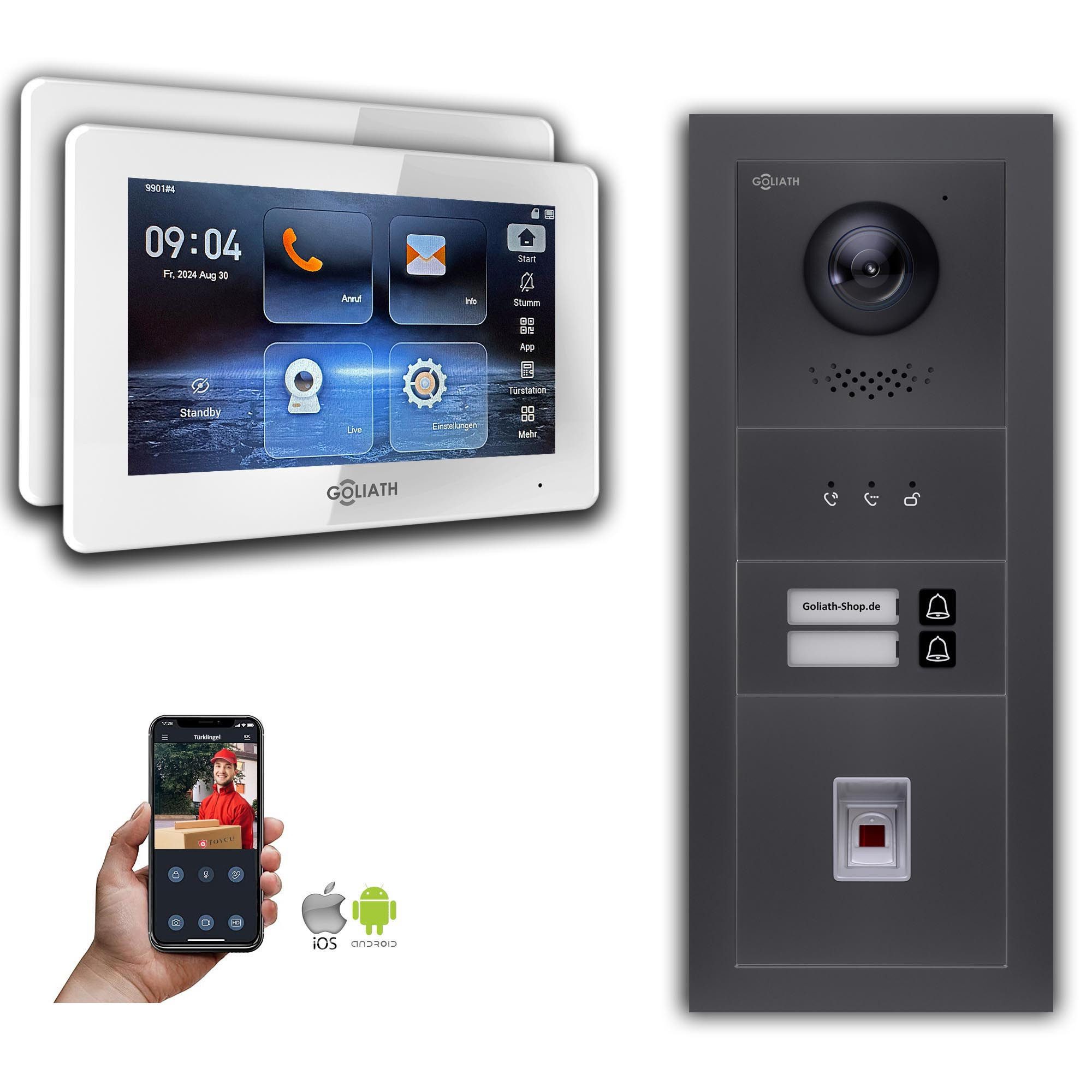 Goliath Intercom Video-Türsprechanlage Goliath IP Video Türsprechanlage: 7-Zoll 2 Familienhaus, Fingerprint, (Privat oder Gewerblich)
