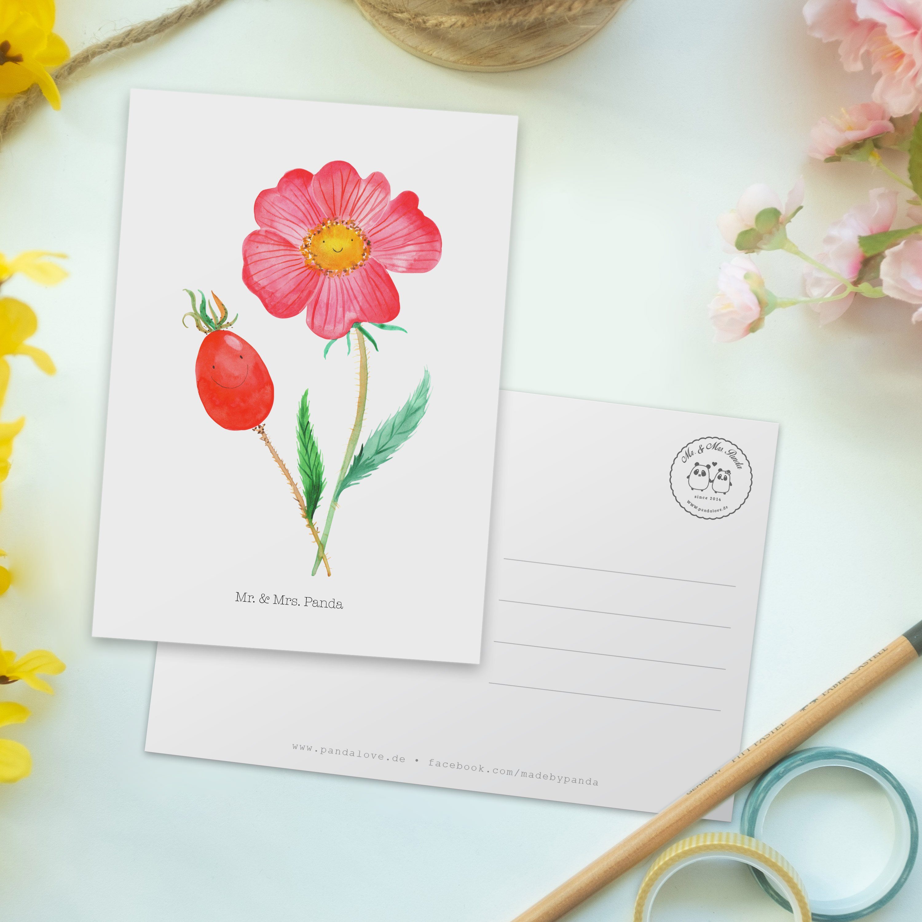 Panda Karte, Frühlings Mrs. Lebensfreu Weiß Geschenk, Hagebutte Blume, Mr. - Postkarte Deko, - &