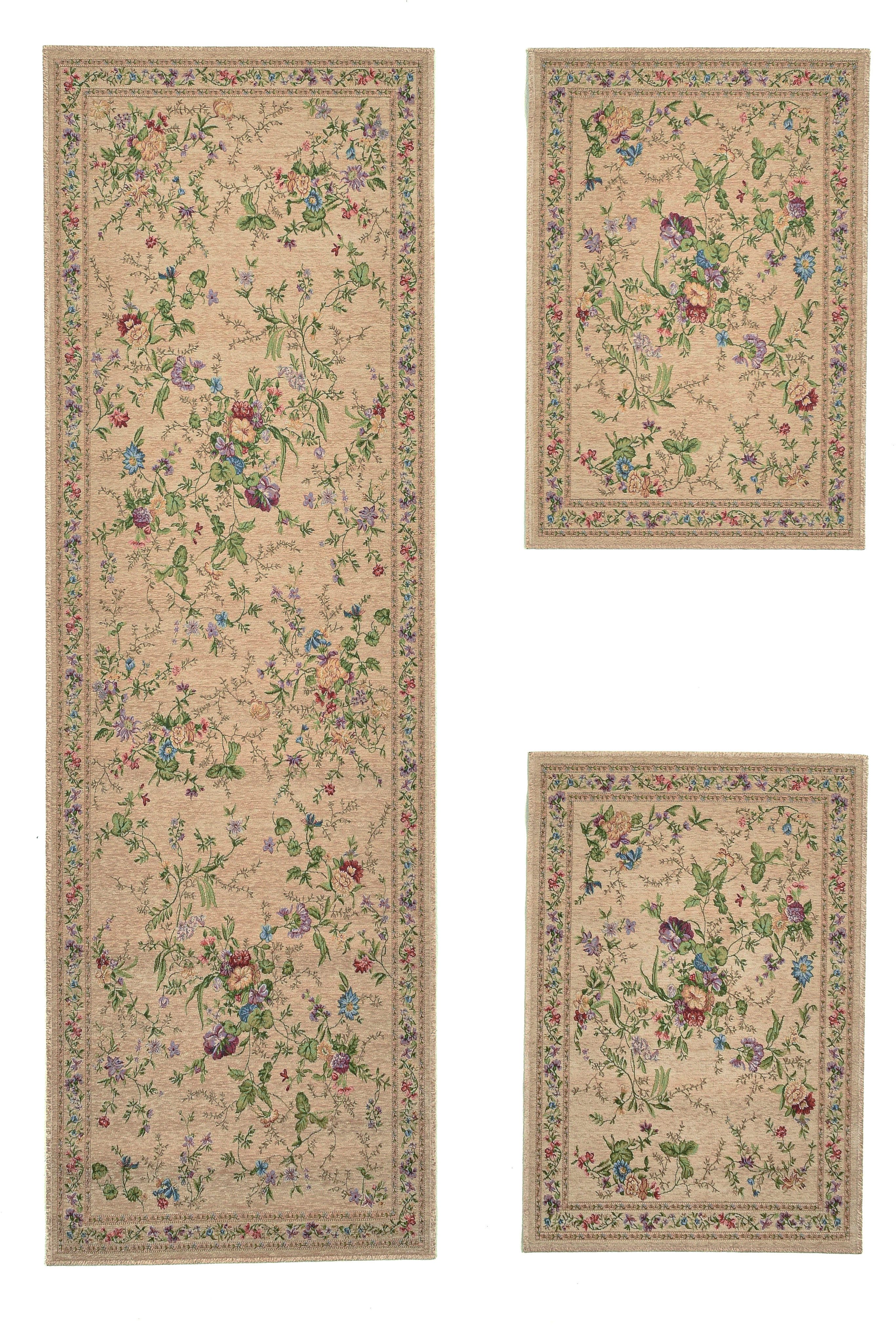 THEKO Bettumrandung Flomi Sagrini, Höhe 3 mm, (3-tlg), Teppich-Set, Flachgewebe, Pastell-Farben, Blumen Design, mit Bordüre