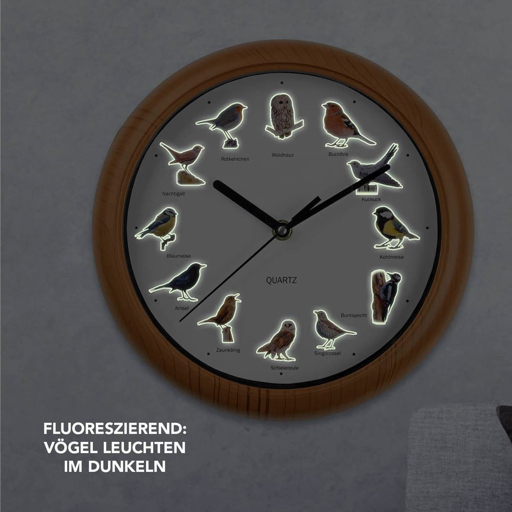 MAXXMEE Wanduhr unterschiedliche Vogelstimmen 25cm (leuchtet im Dunkeln & Abschaltfunktion in der Nacht) – Bild 5 von 5