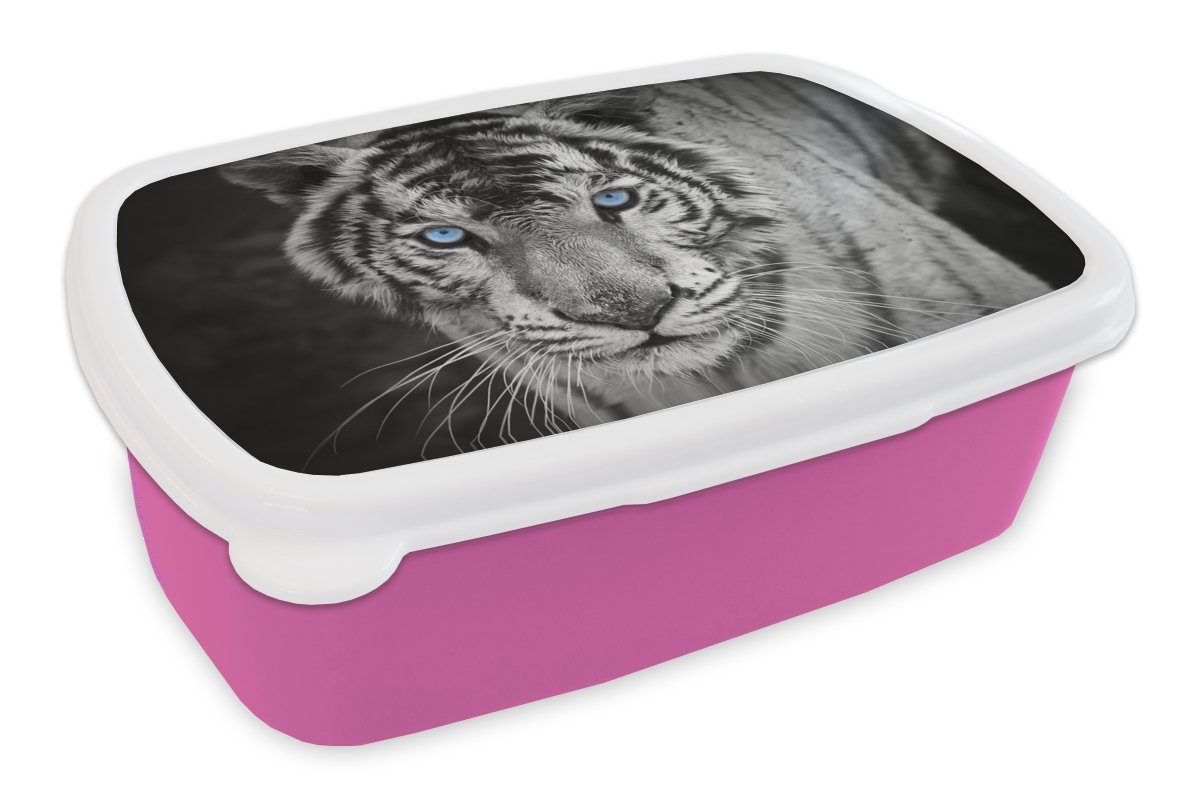 MuchoWow Lunchbox Tiere - Tiger - Schwarz und weiß - Augen - Blau, Kunststoff, (2-tlg), Brotbox für Erwachsene, Brotdose Kinder, Snackbox, Mädchen, Kunststoff rosa
