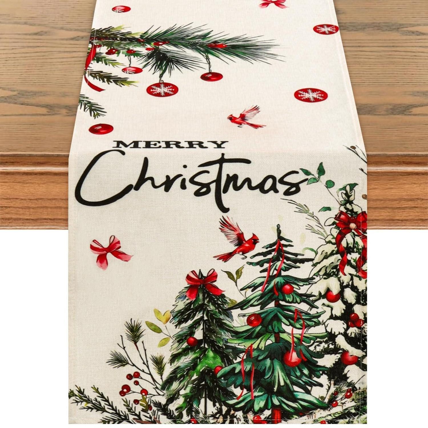 LuxusKollektion Tischläufer Tischläufer Weihnachten 32x183cm Grün Beige Rot Kugeln (1-tlg)