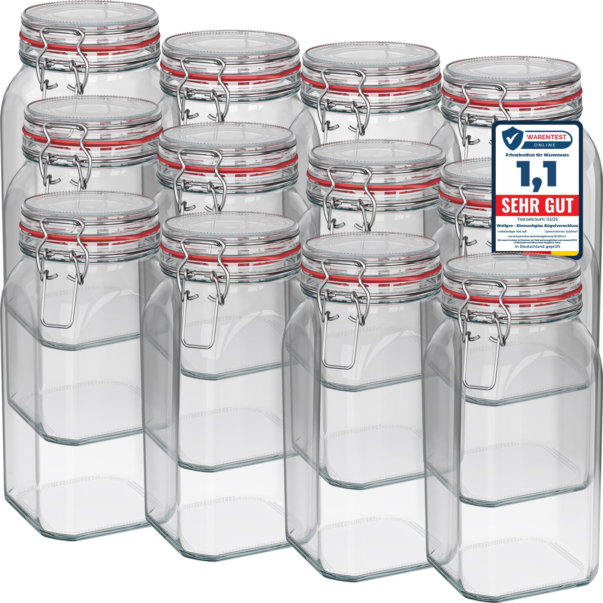 Wellgro Vorratsglas Einmachgläser mit Bügelverschluss eckig, Fermentierglas, (12-tlg)