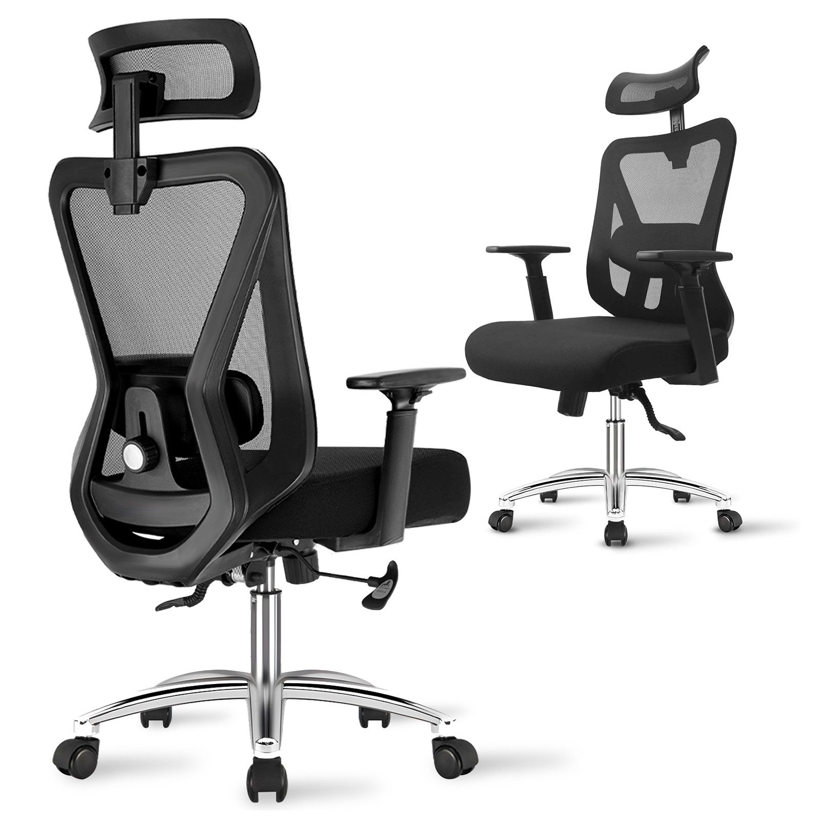 Durrafy Bürostuhl Ergonomischer Bürostuhl, Schreibtischstuhl Höhenverstellbarer Schwarz (4D-verstellbare Lendenstütze, Verstellbarer Kopfstütze & Armlehnen, Belastbar bis 200KG), 3-stufiger Neigungsarretierung 90-130°, Höhenverstellbarer Drehstuhl