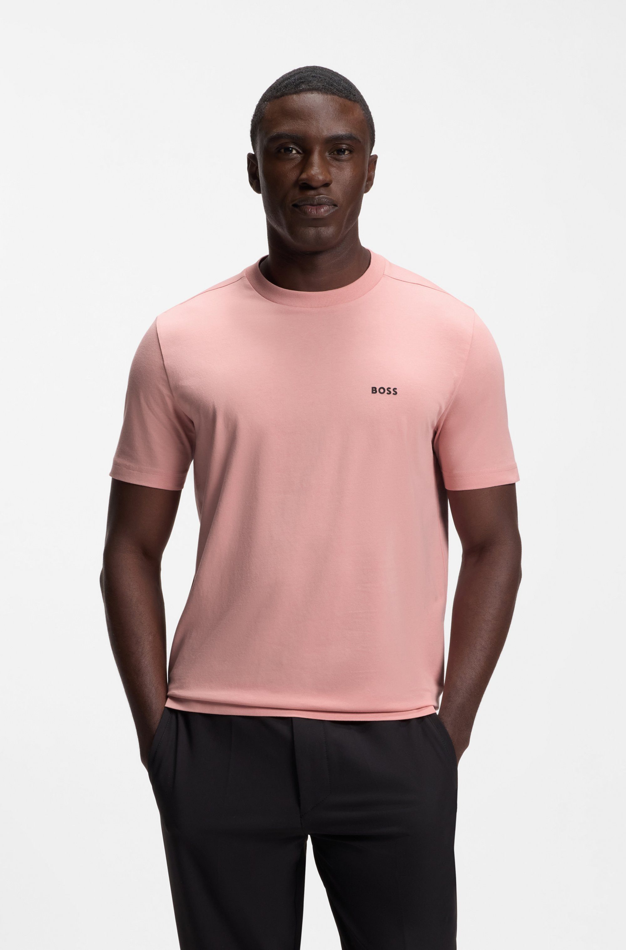 BOSS GREEN Rundhalsshirt Tee Regular Fit Stretch Jersey Cotton, Logo on Chest, Rundhals