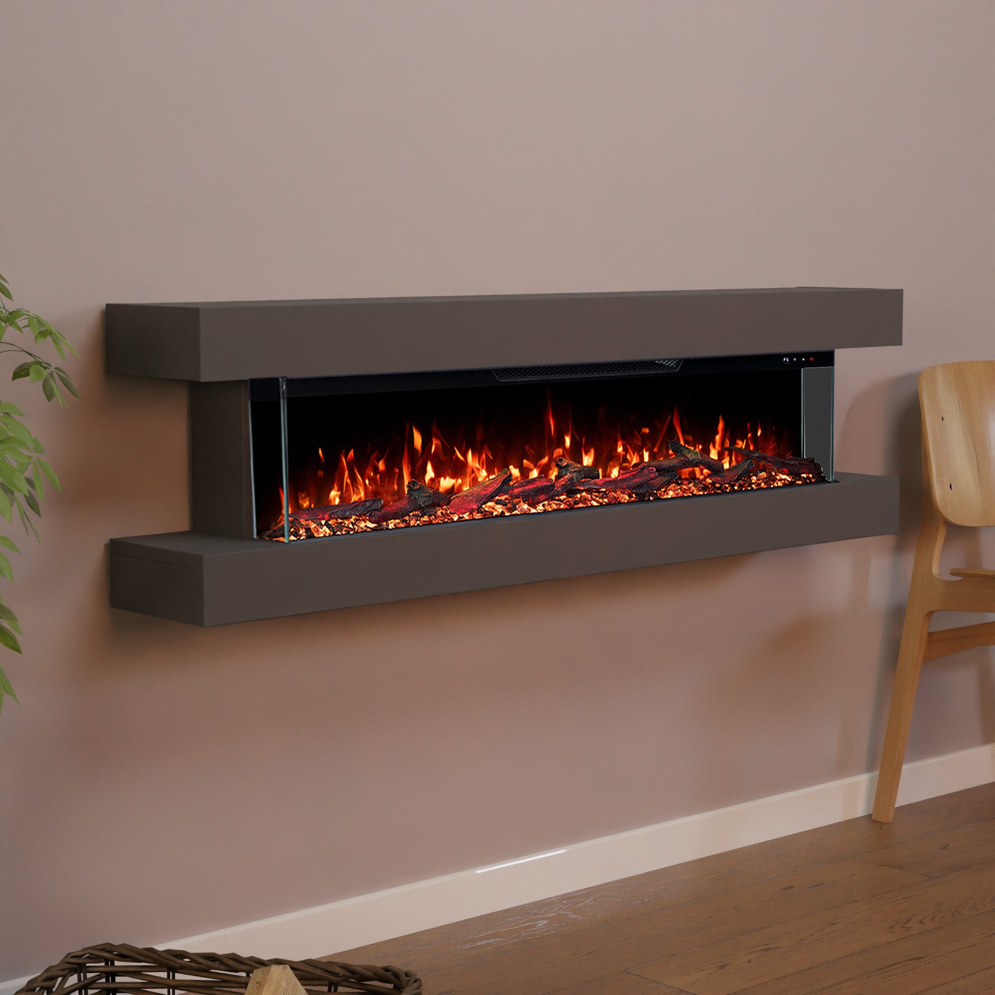 GLOW FIRE Elektrokamin Clear Wall Elektrokamin mit 3D Feuer und Heizung (Thermostat), Elektrischer Wandkamin mit APP Steuerung, Heizleistung (900- 1800 W)