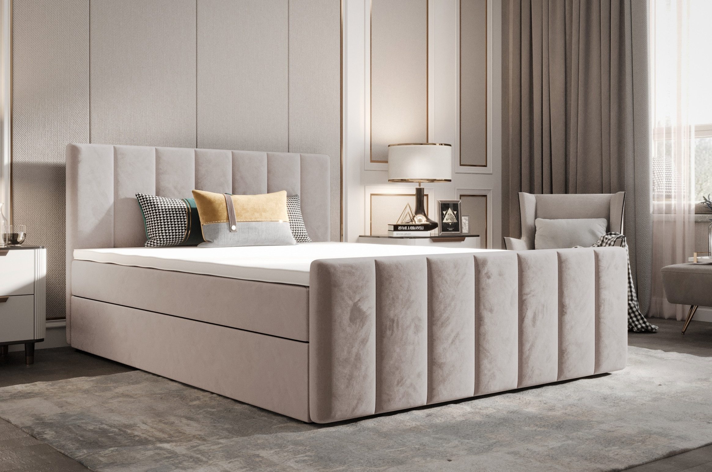 B&B Home Boxspringbett Boxbett Adelle 160 cm 180 cm 200 cm (H3 Matratze Bonellfederung, Kopfteil, Bettkasten und Topper)