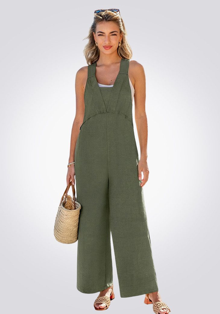 Cupshe Jumpsuit Latzhose Weites Bein Leinen Aermellos Olivgruen