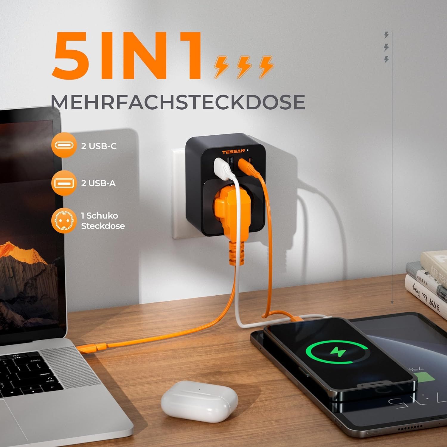 TESSAN Steckdose Schutzadapter mit 2 USB-C 2 USB-A Mehrfachadapter Schwarz Mehrfachsteckdose 1-fach (2 USB-A und 2 USB-C, Schwarz, 5 in 1 Mehrfachstecker)