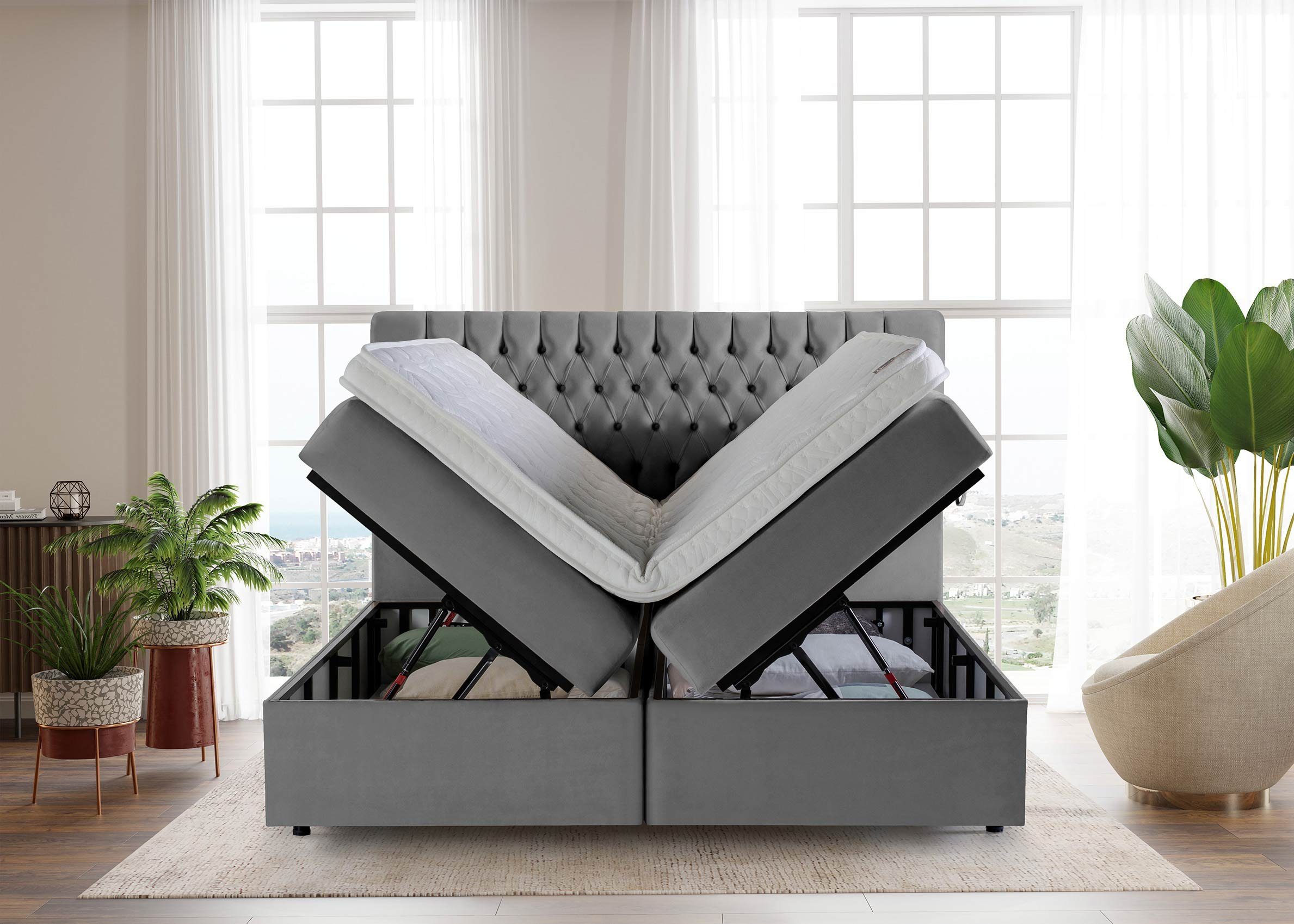 BettCo Stauraumbett Boxspringbett mit Bettkasten Vegas (in Velours Grau, 140 x 200 cm), Chesterfield Design, Schwebeoptik Füße, Topper optional