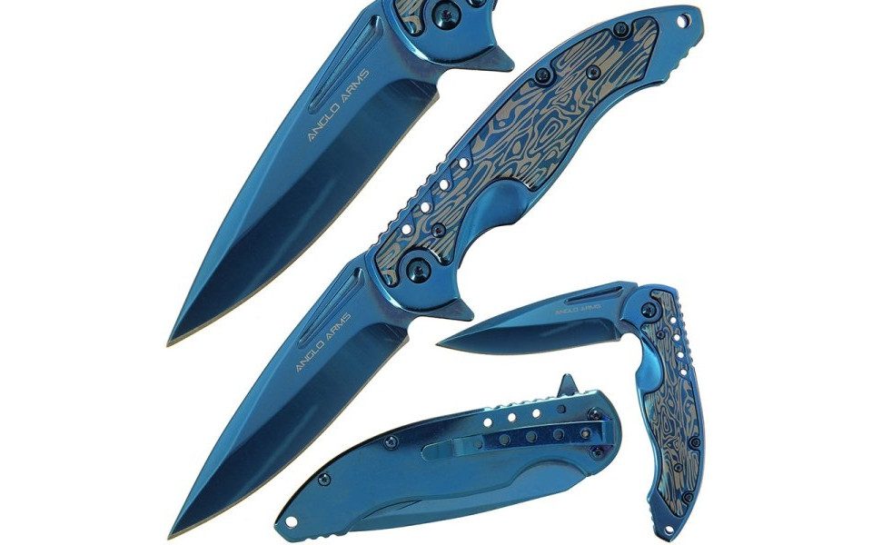 Anglo Arms Taschenmesser Anglo Arms Aluminium Einhandmesser blau Damastoptik, blaue Klinge, (1 St), blaue Oberfläche und Hosenclip
