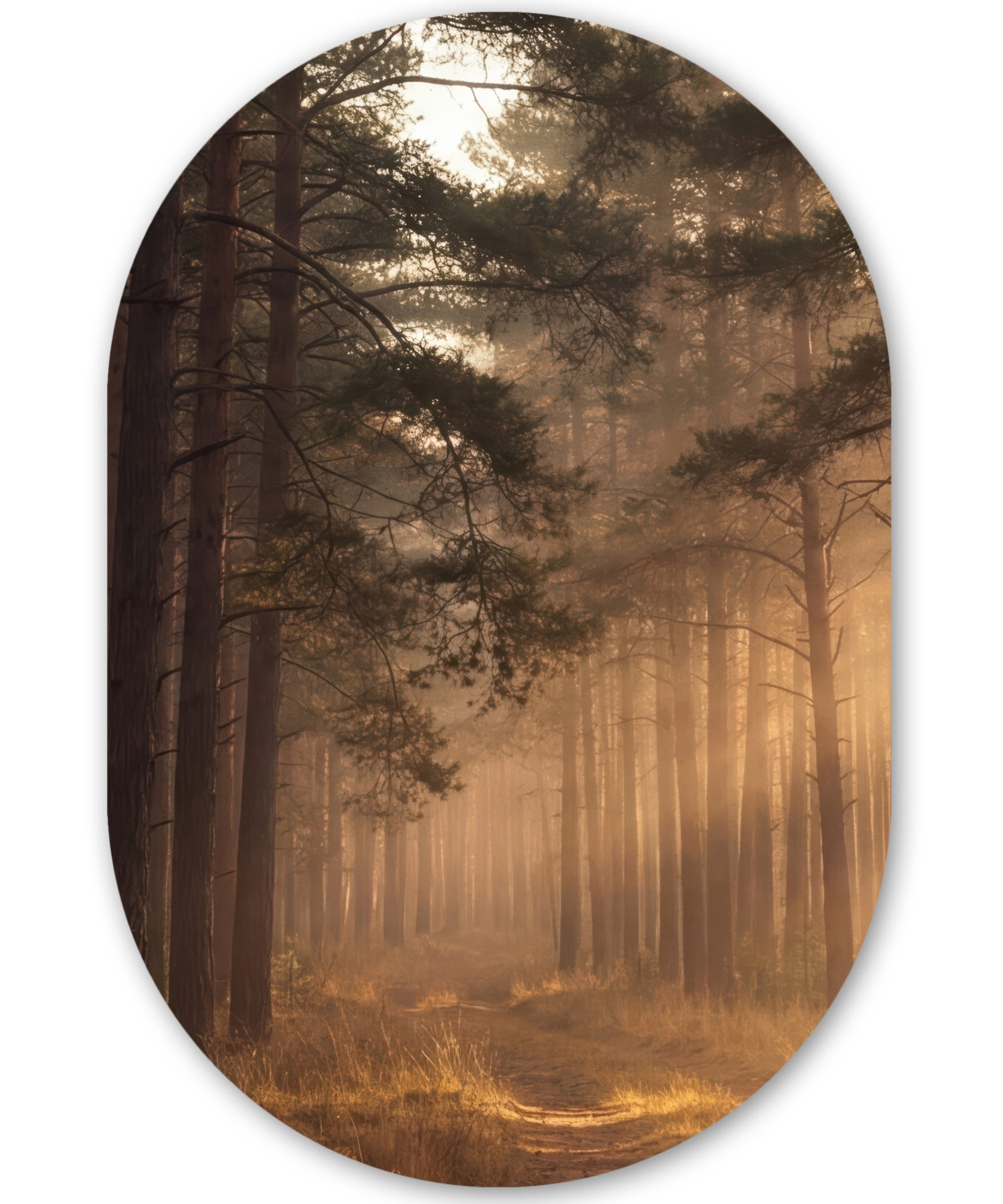 MuchoWow Gemälde Wald - Nebel - Sonnenlicht, Fotodruck (1 St), Wandbild Oval, Wohnzimmer oder Schlafzimmer Wanddekoration, 40x60 cm