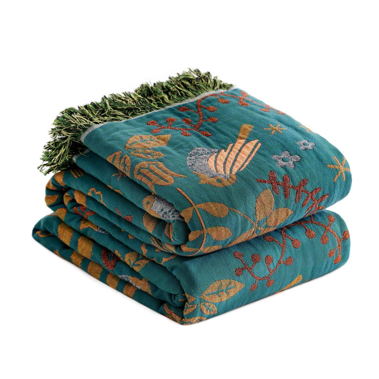 Diwzbyn Tagesdecke Boho Tagesdecke, Weiche Sommerdecke mit Vogel- & Blumenstickerei, Leichte Ganzjahresdecke für Bett, Sofa, Couch & Stuhl, Atmungsaktiv