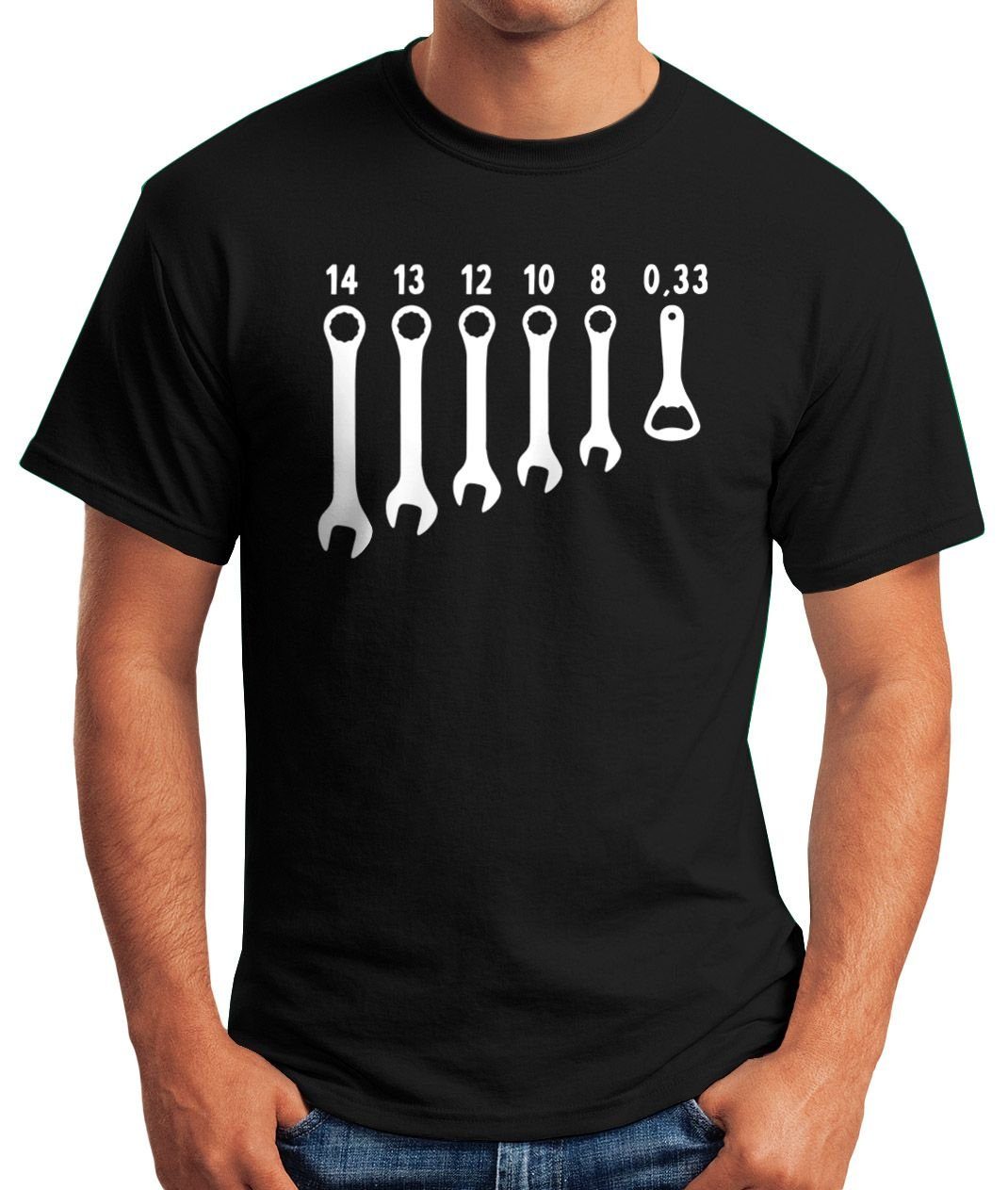 MoonWorks Moonworks® Fun-Shirt Flaschenöffner Schraubenschlüssel schwarz T-Shirt Herren Fun-Shirt mit Print-Shirt Herren Bieröffner Print
