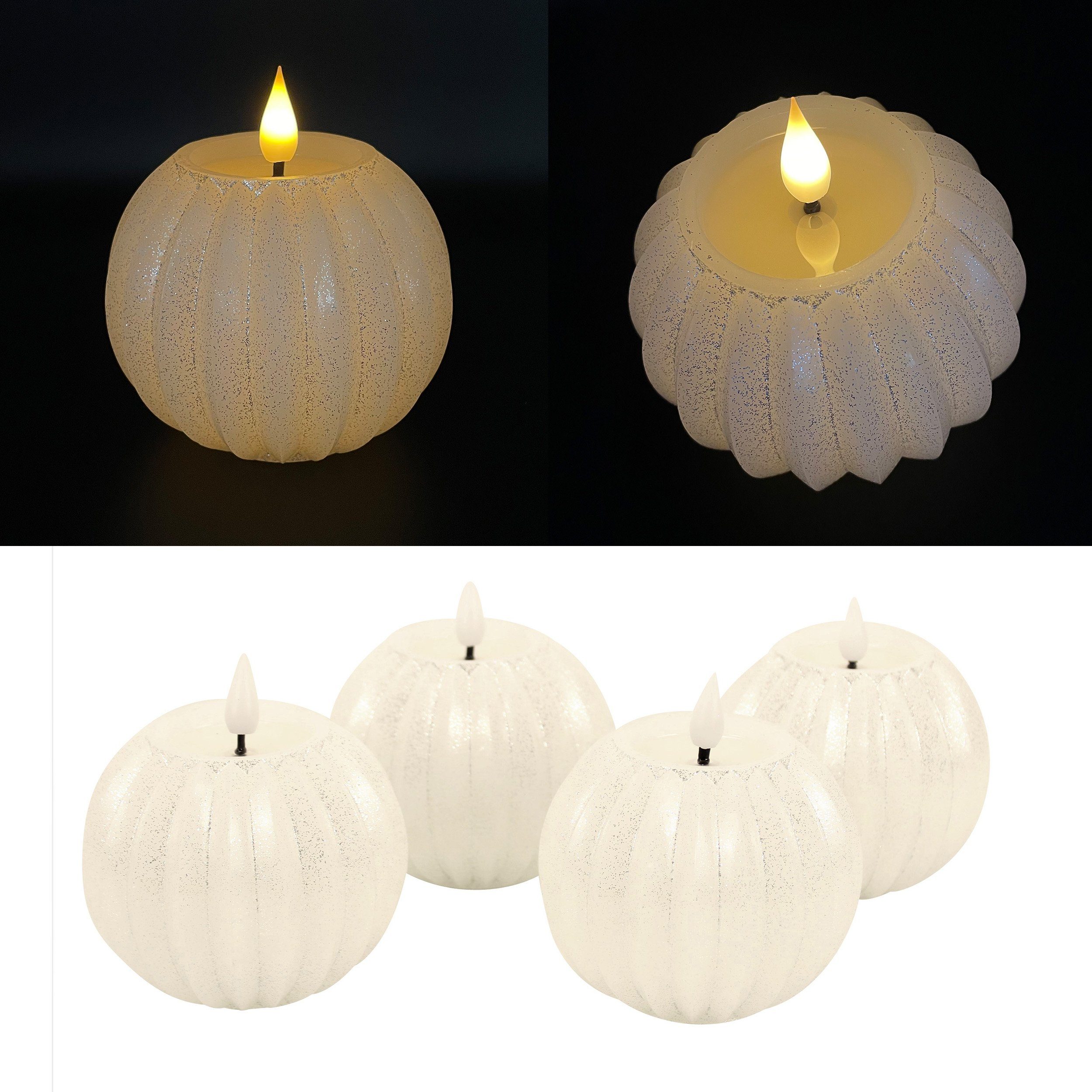 Online-Fuchs LED-Kerze 4er Set LED KUGELKERZEN aus Wachs mit Glitzer, Fernbedienung, (6-Stunden-Timer, 3D-Twist-Design-Struktur), in den Farben Creme, Weiß, Rot und Rosa