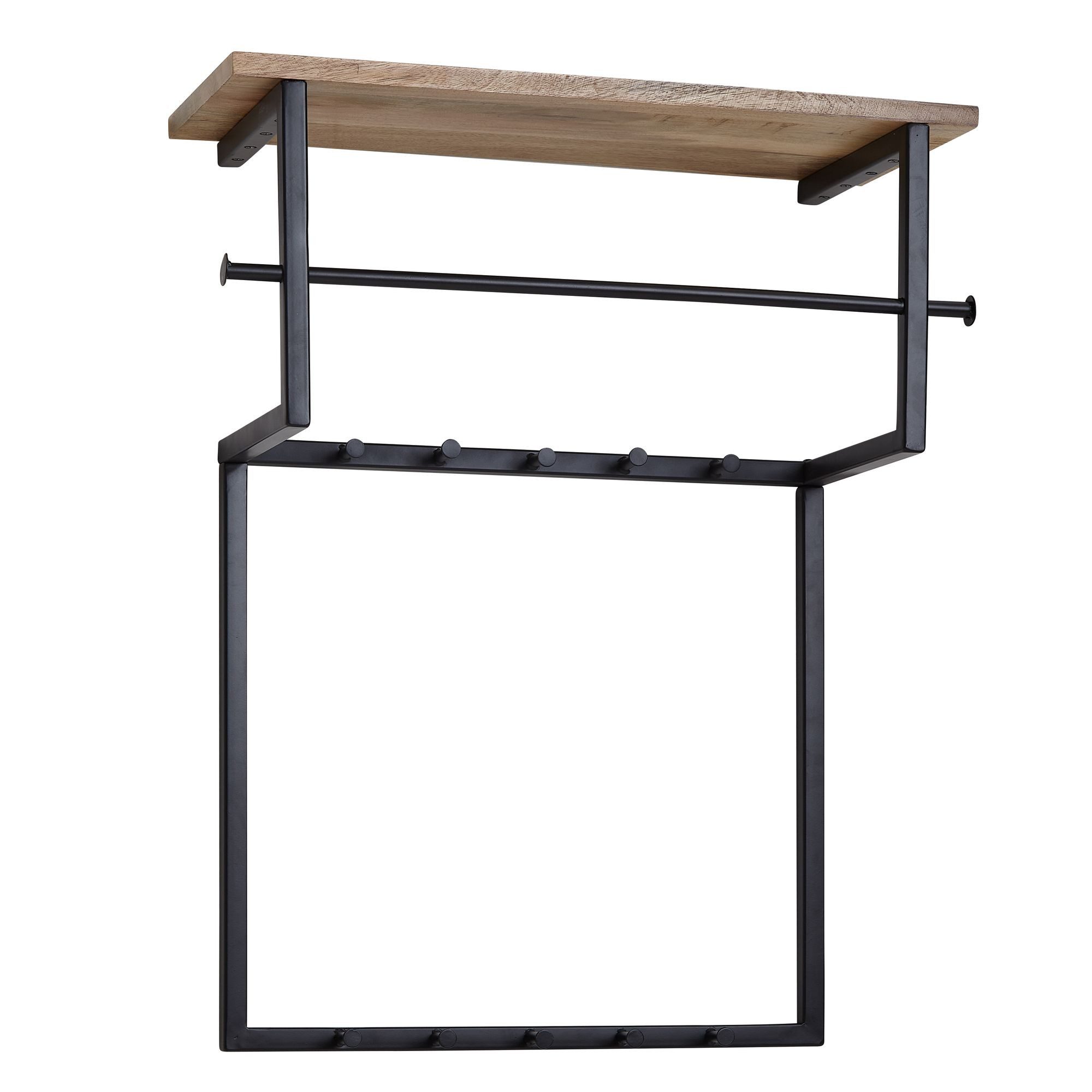 furnicato Garderobe Wandgarderobe Vollholz Metall 60x76x26 cm Braun Schwarz (1 St), Hakenleiste mit Ablagefläche und Kleiderstange für dein Flurdesign