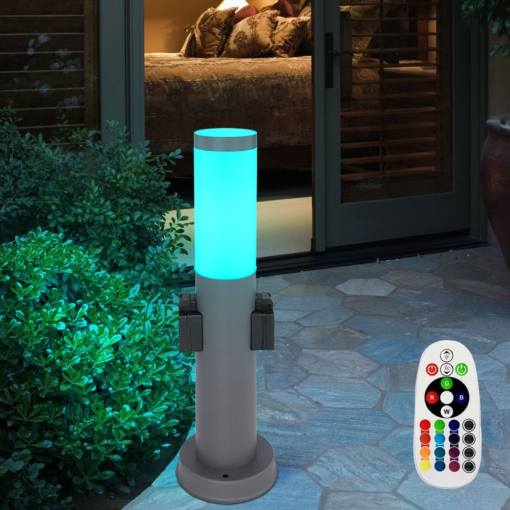 2 Steckdosen inklusive, Sockelleuchte LED Warmweiß, Außen-Stehlampe, Farbwechsel, etc-shop Außen LED mit Leuchtmittel Edelstahl