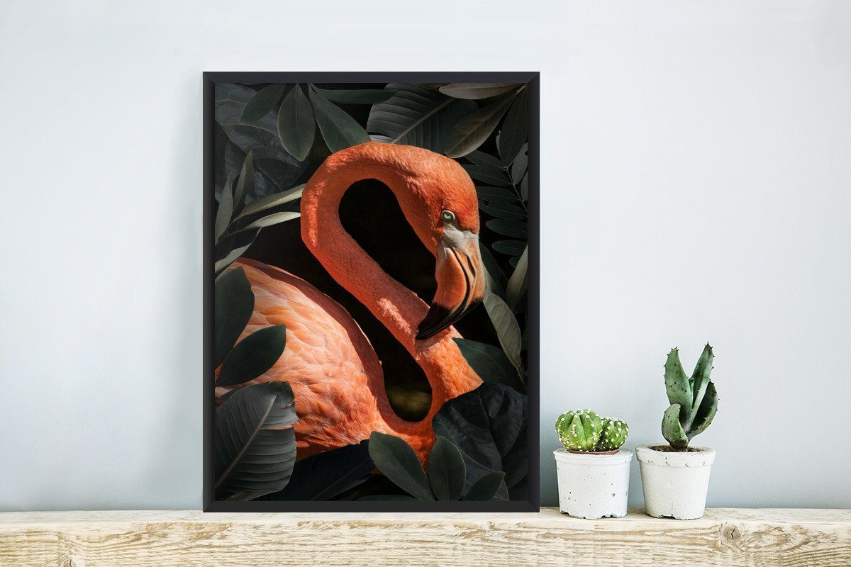 Schwarzem Bilder, Porträt Wandposter, - St), Poster Wanddeko, Bilderrahmen Poster, Flamingo (1 - MuchoWow Gerahmtes Blätter,