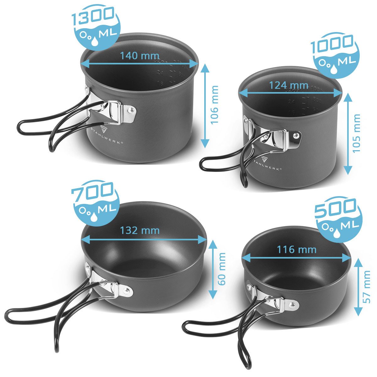 STAHLWERK Gaskocher Camping Kochtopf-Set 4-teilig aus AluminiumOutdoor Kochgeschirr, (4-St), gefertigt aus leichtem Aluminium – Bild 5 von 5