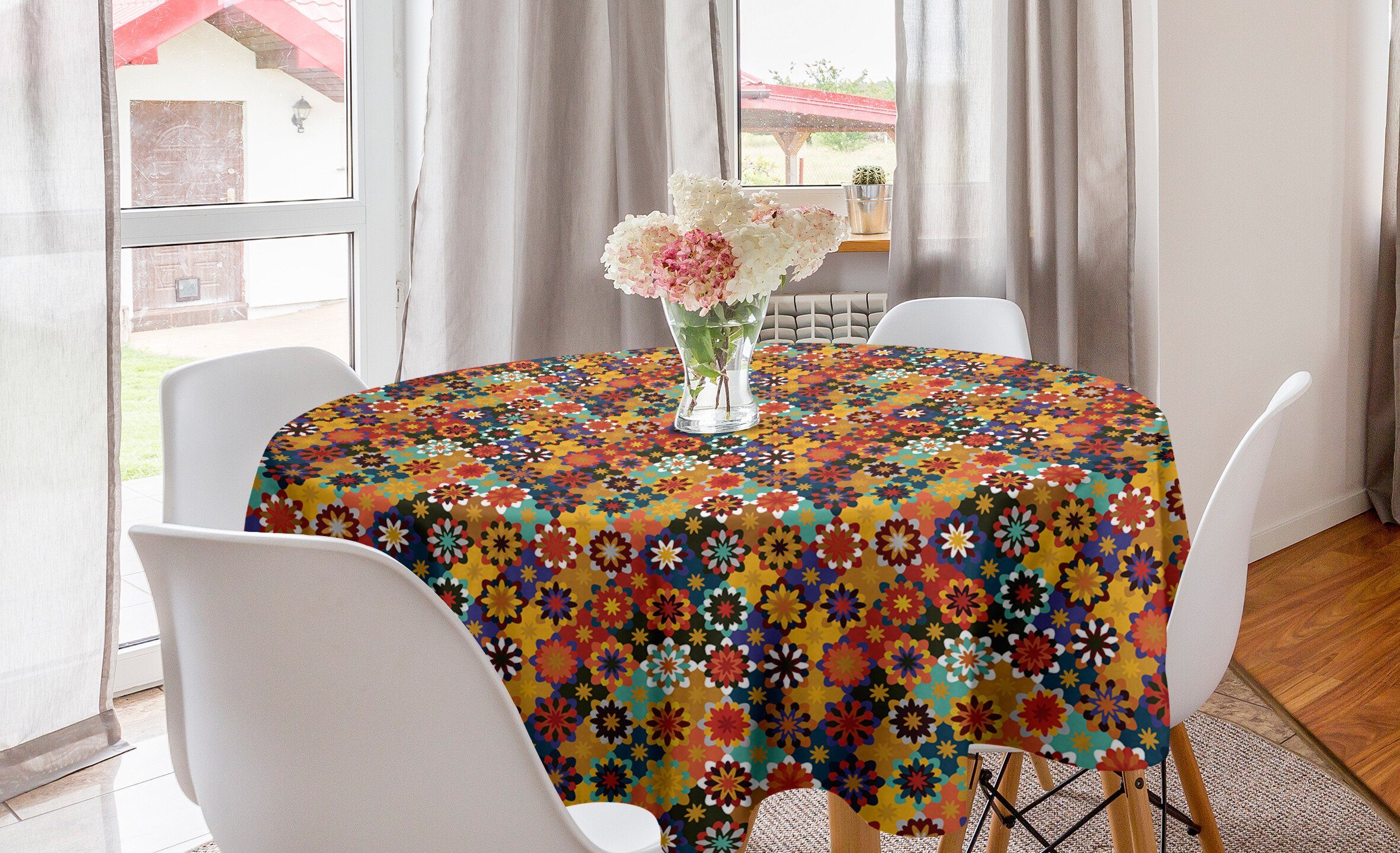 Abakuhaus Tischdecke Kreis Tischdecke Abdeckung für Esszimmer Küche Dekoration, Mosaik Folk Funky traditionelles Motiv | Tischdecken