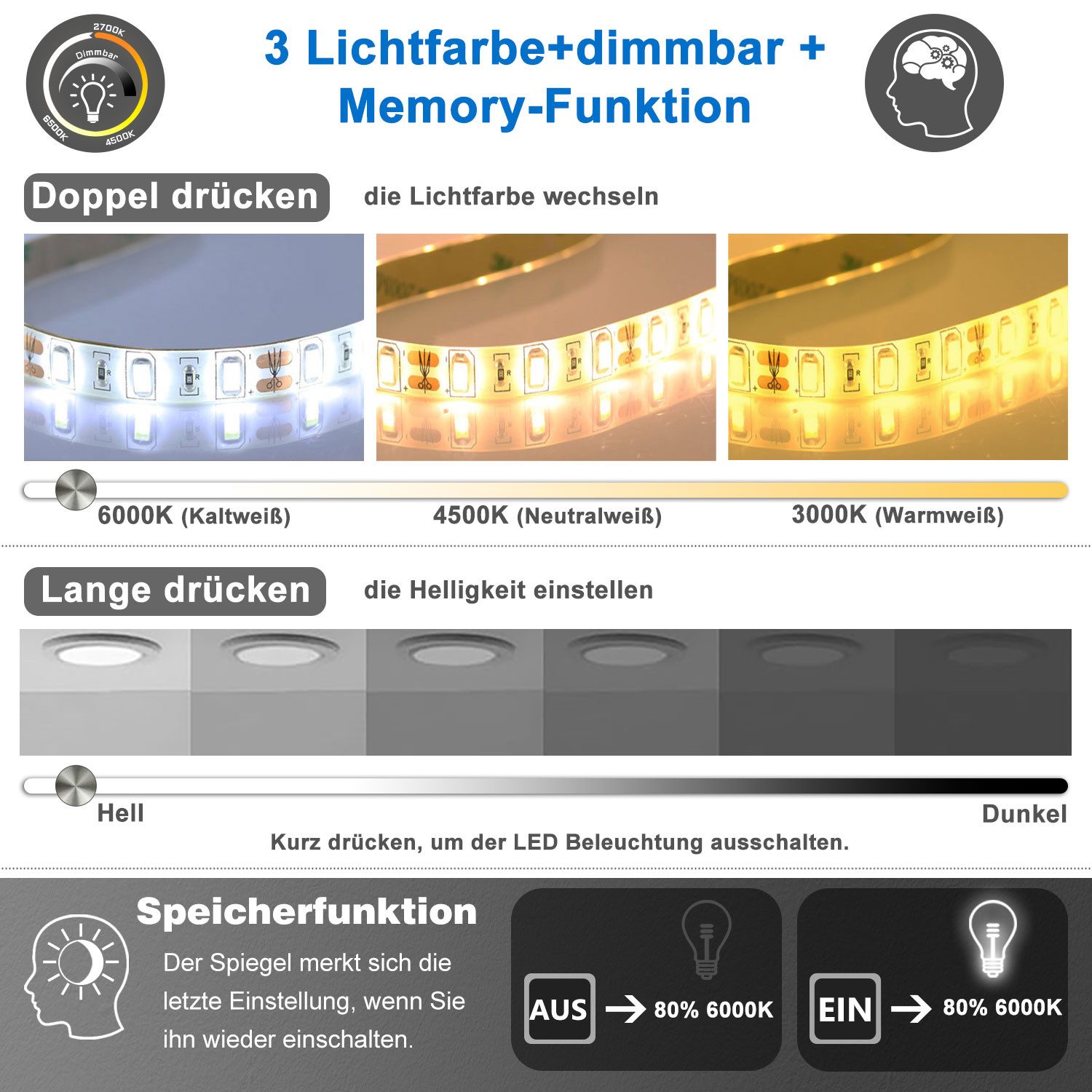 duschspa Badspiegel LED Badspiegel Halbrund Spiegel Touch/Wandschalter, Warm/Neutral/Kaltweiß, dimmbar, Memory, Beschlagfrei – Bild 5 von 5