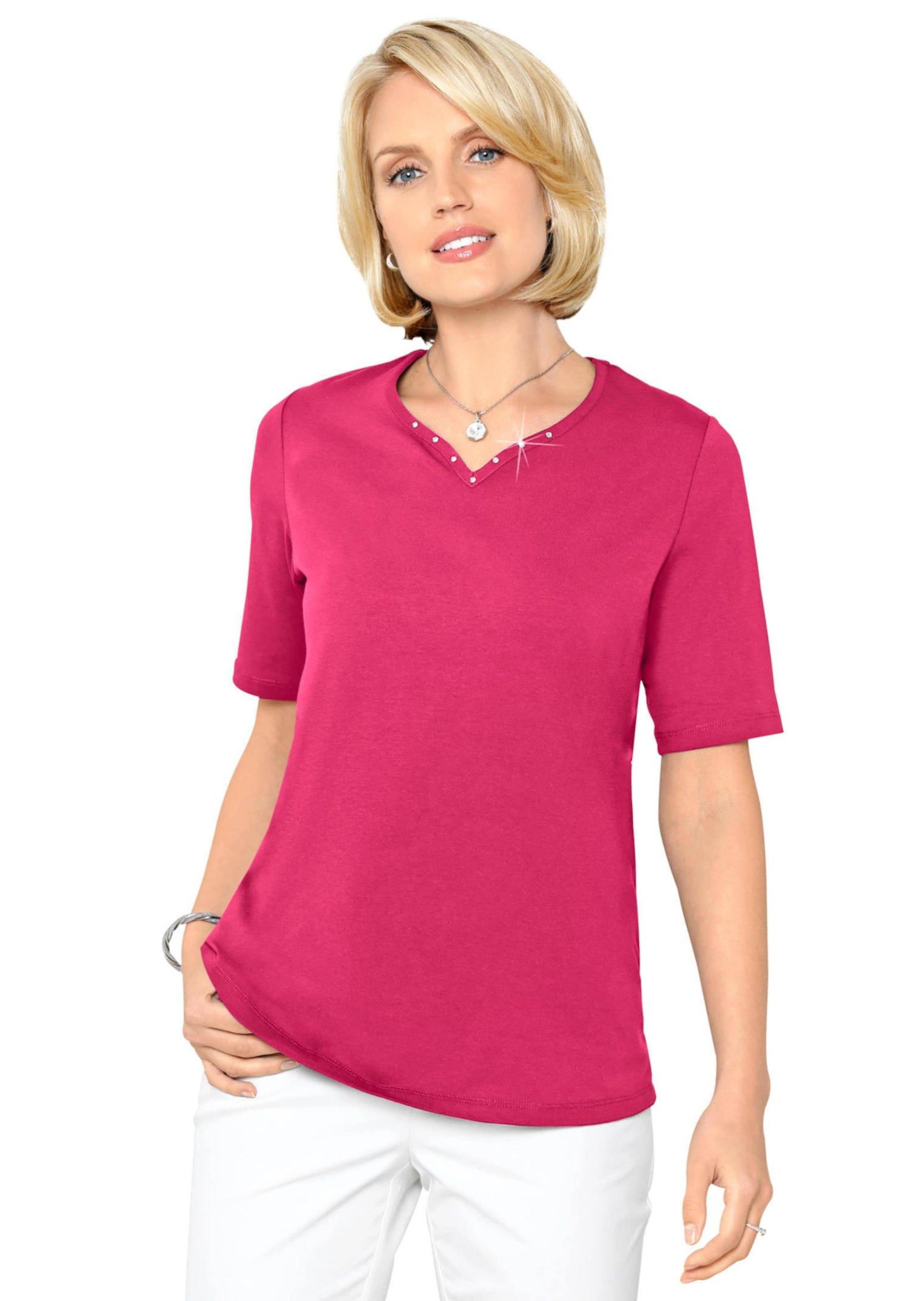 GOLDNER T-Shirt Halbarm Basic-Shirt aus Baumwolle Herzausschnitt mit funkelnden Details, bequeme Passform