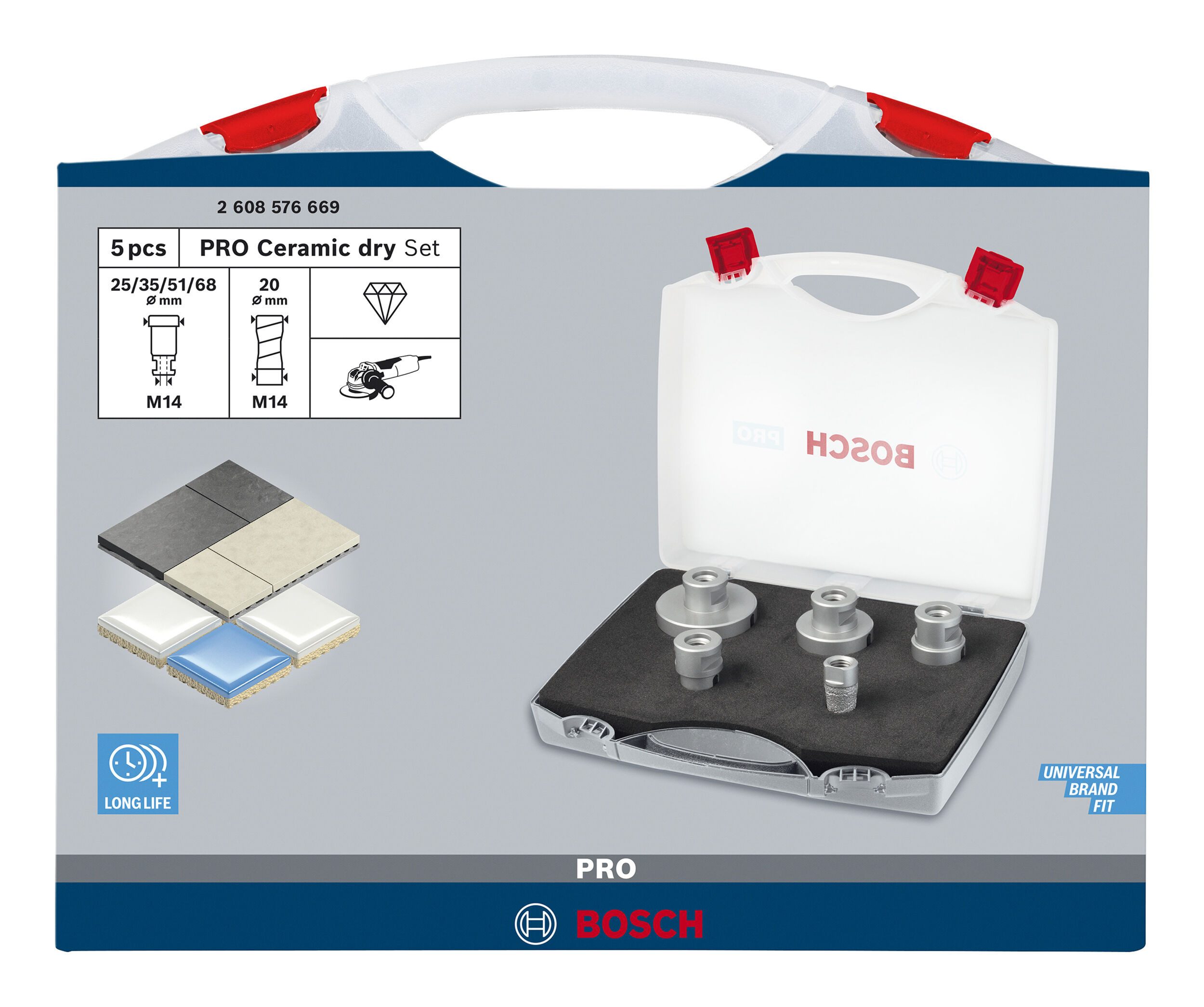 BOSCH Diamanttrockenbohrer Pro Ceramic dry, 5 Teile, Ceramic dry X-Lock Set, 68 x 33, 51 x 33, 35 x 33, 25 x 33, 20 mm