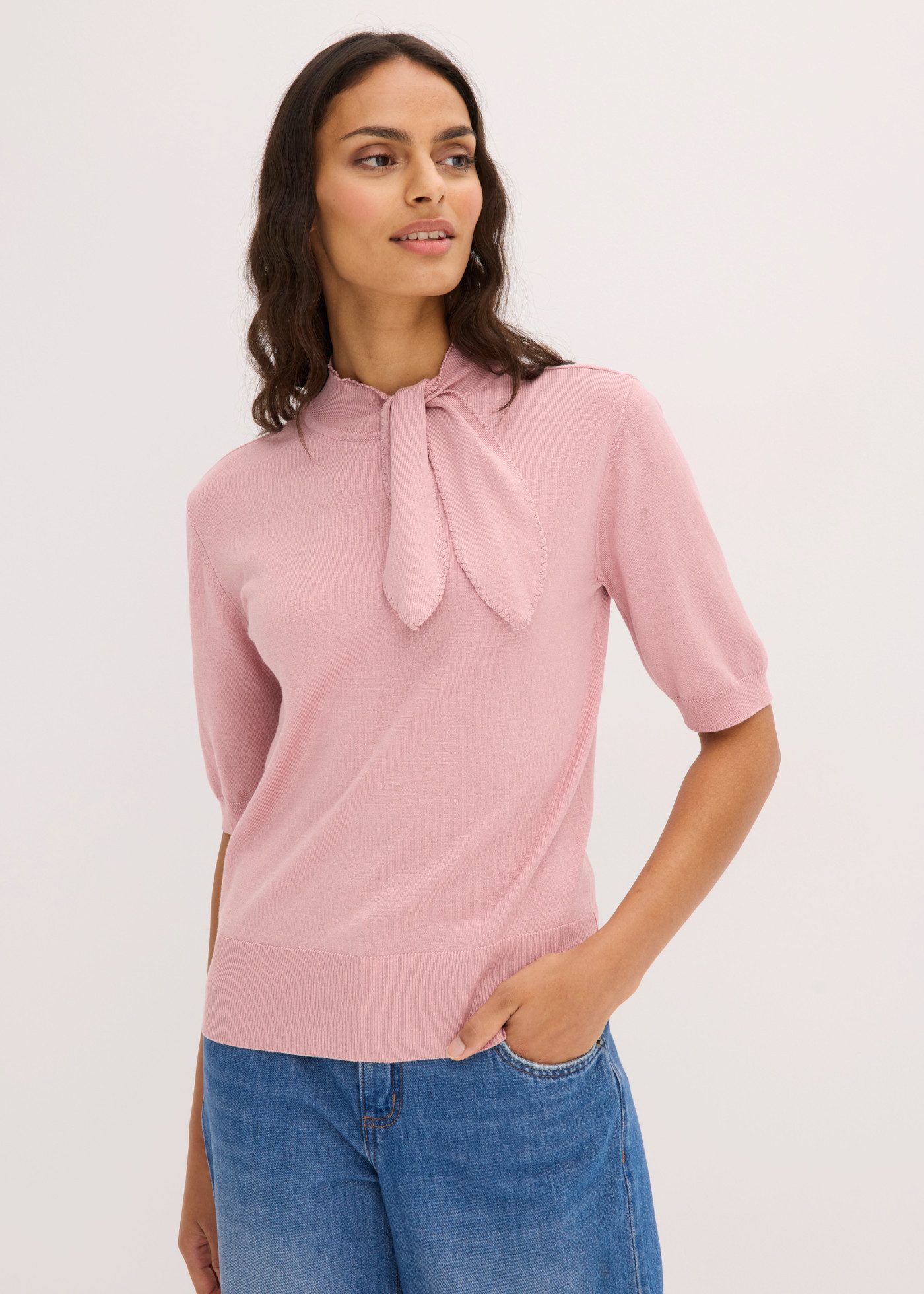 bonprix Strickpullover mit Schluppe, Halbarm, schmale Passform