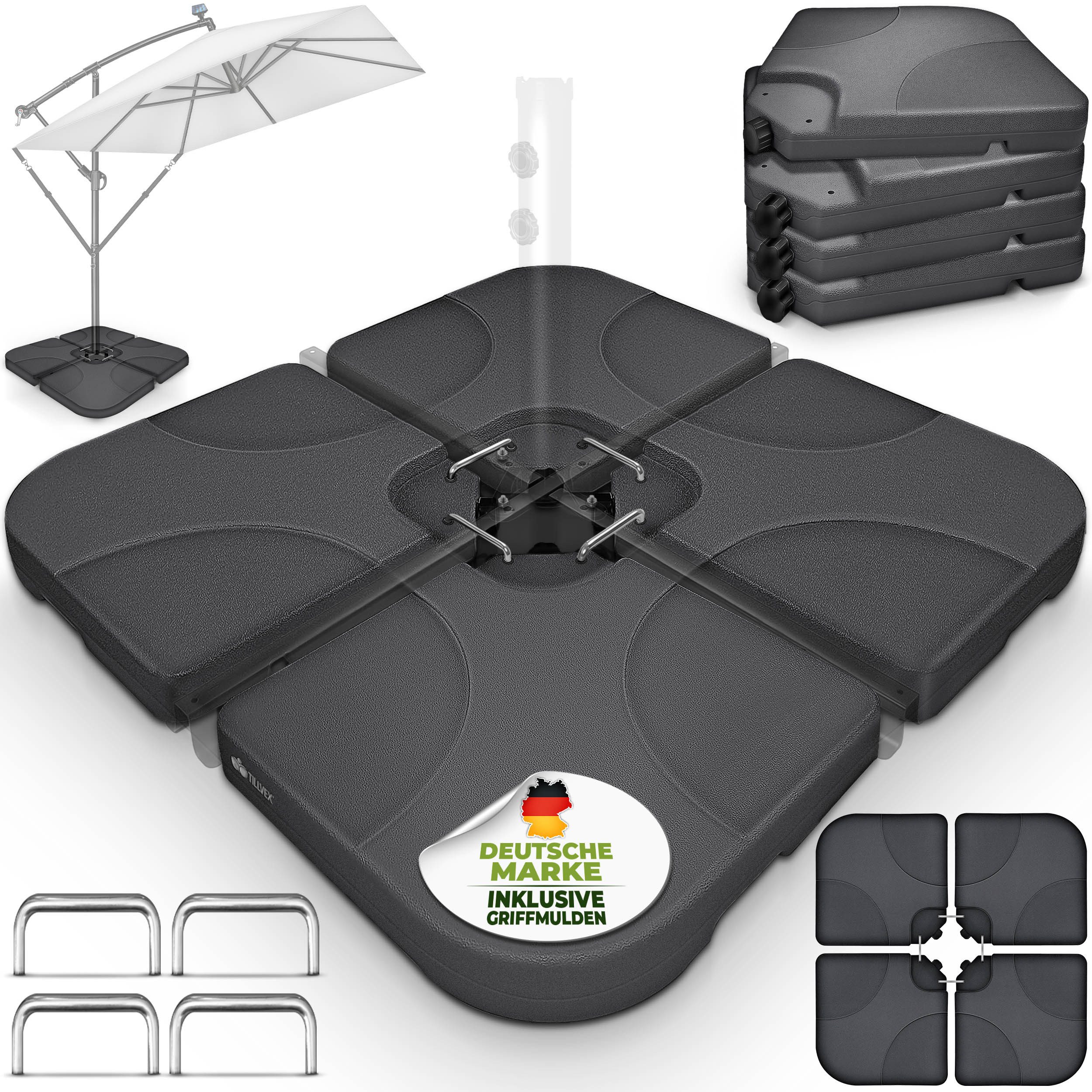 tillvex Sonnenschirm tillvex® Sonnenschirmständer 60L / 80kg Schirmständer Schirmgewicht, Schirmständer Ampelschirmständer wetterfest, inkl. Metallverbinder Schirmgewicht befüllbar, Sonnenschirmständer 60 Liter / 80 kg – 4-teilig für Ampelschirm