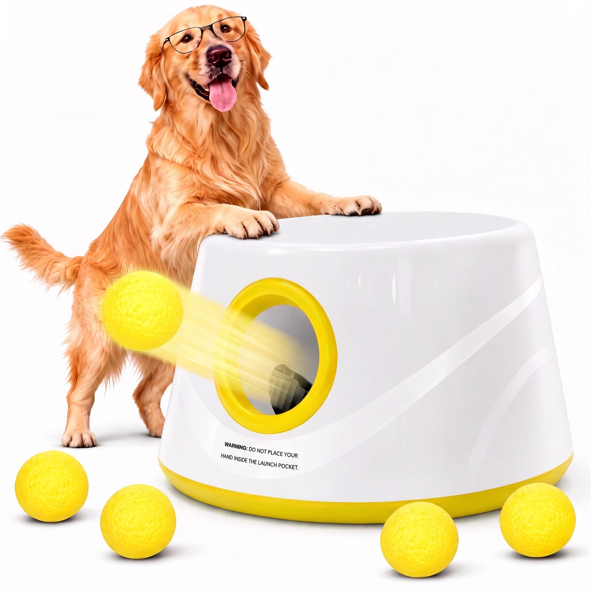 ele eleoption Tier-Intelligenzspielzeug Automatischer Ballwerfer für Hunde, 3 Wurfweiten 6–14 m, 5 Bälle, Hundespielzeug-Set Automatischer Ballwurf, Infrarotsensor, 3 Wurfweiten, kabellos