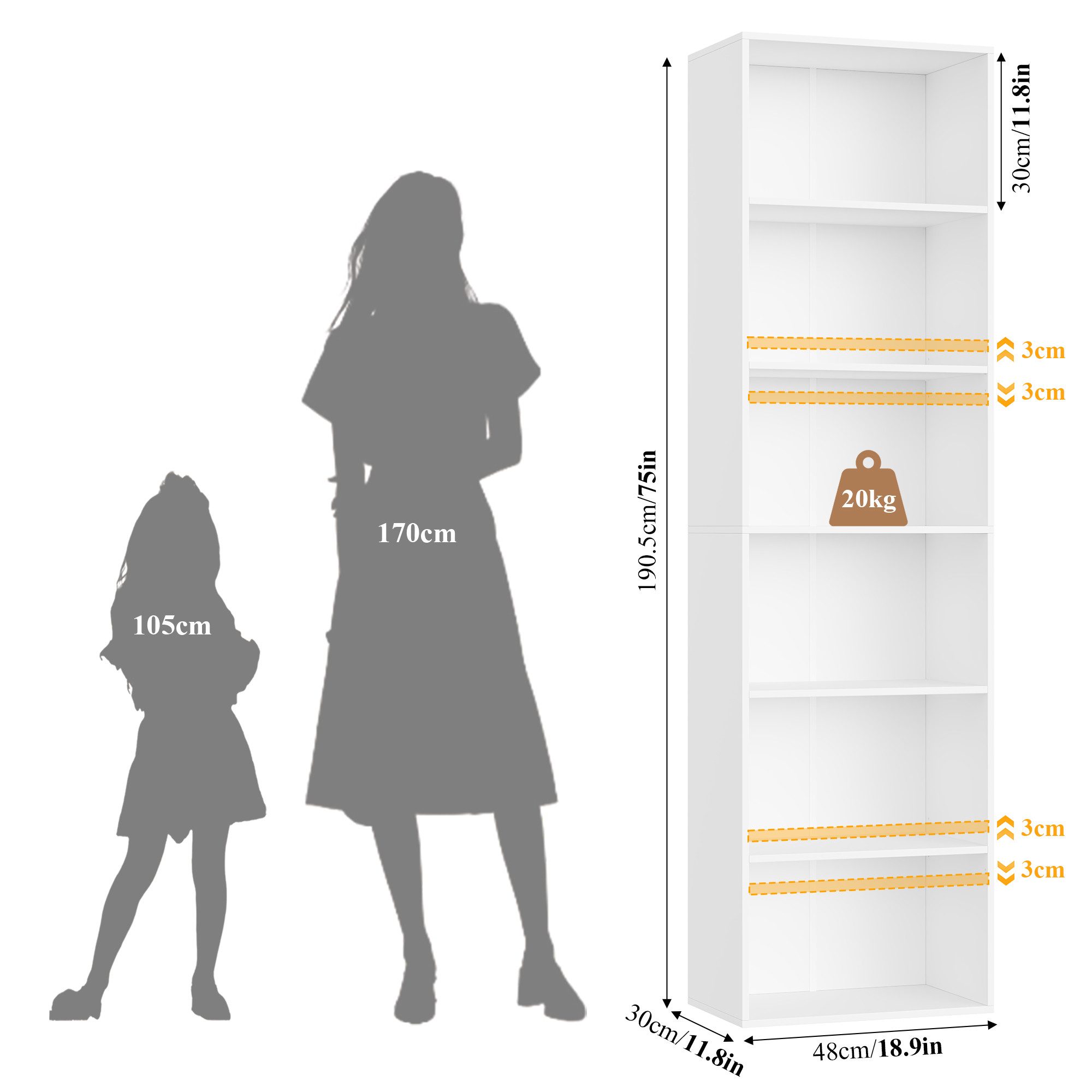 Homfa Bücherregal Regal mit 6 Fächern, 190,5cm Bücherschrank Standregal, verstellbare Ablagen