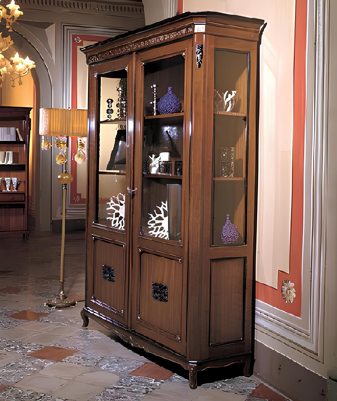 Glasvitrine Authentisches Holz Sideboard Vitrine Anrichte Braun Italien