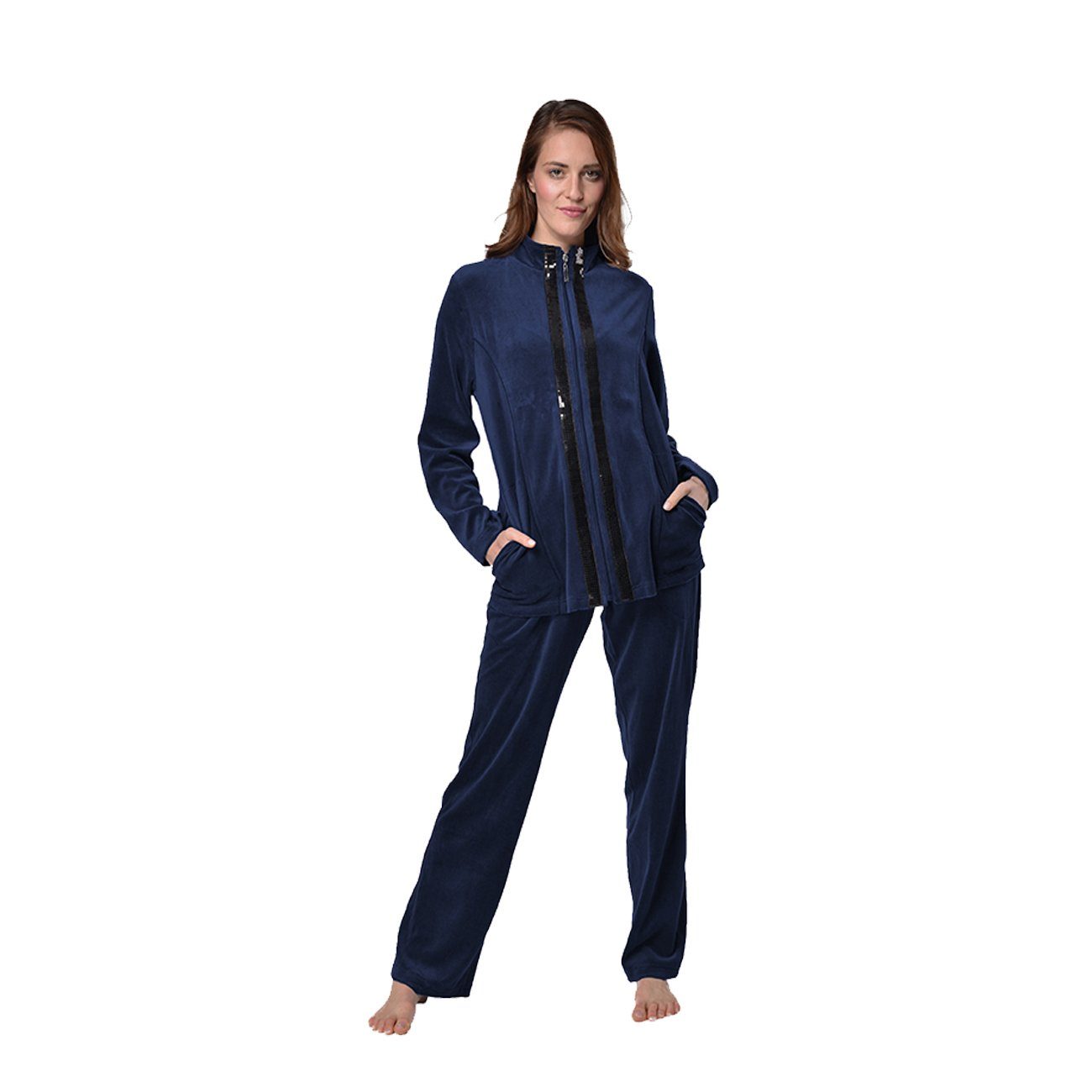 RAIKOU Hausanzug Damen Velours Nicki-Anzug Freizeitanzug Hausanzug (2 tlg) zwei glänzende, schwarze Paillettenreihen