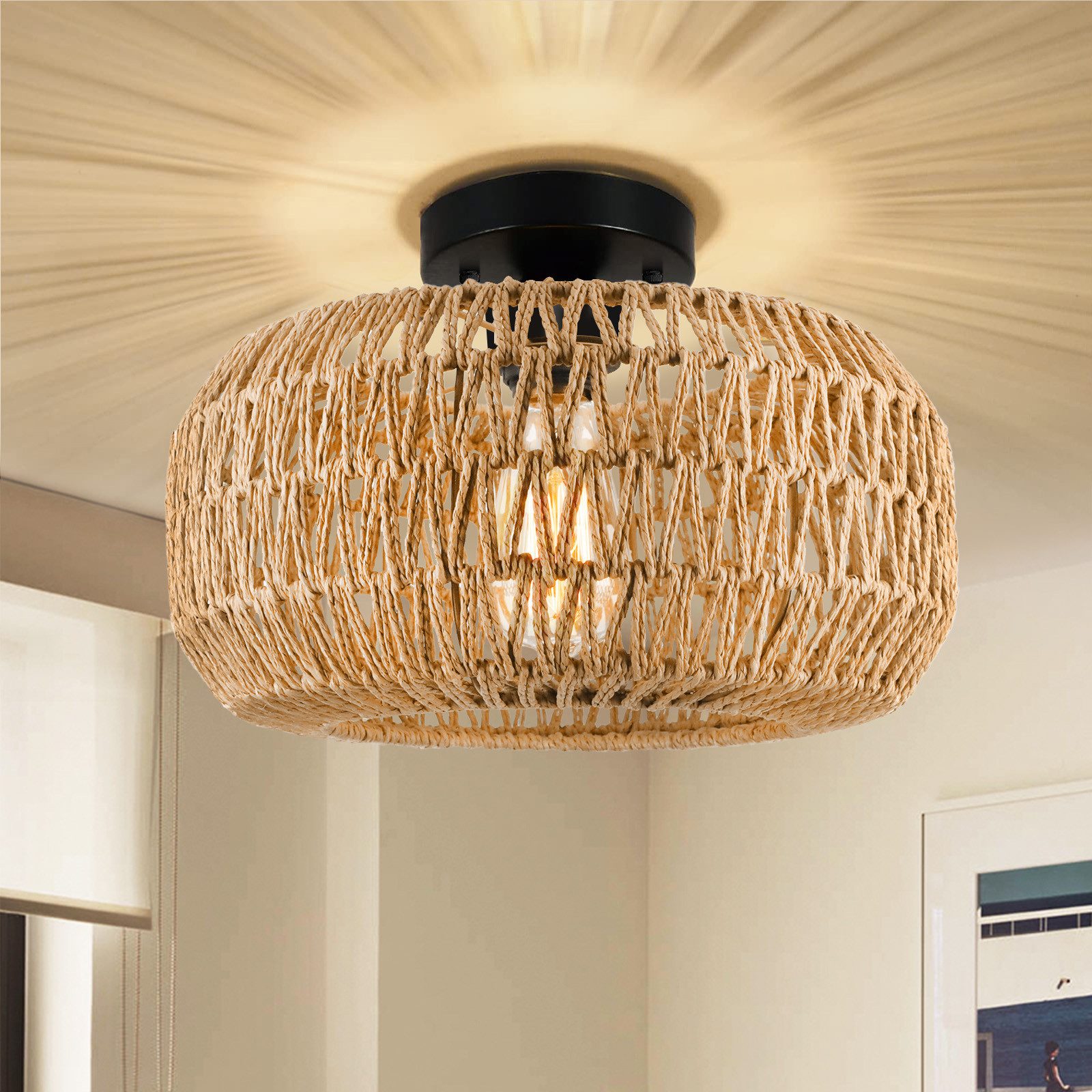 Rosnek Pendelleuchte Rattan Deckenleuchte Flush Mount mit LED, Lighting & Eye-Caring, Halogen, Für Schlafzimmer, Küche, Flur – Boho Natur Stil
