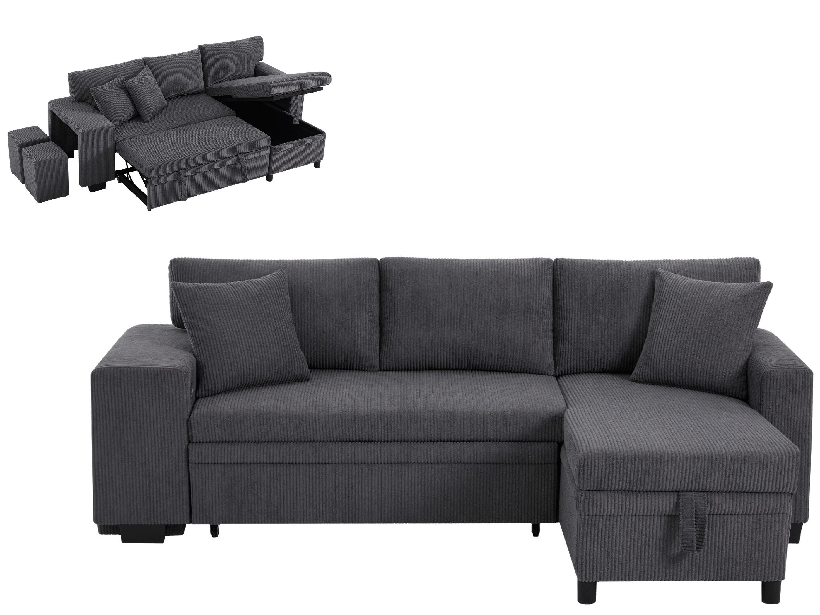 SeedWave Schlafsofa 3 Sitzer Kordbezug Sofa mit Hockern, USB/Typ-C Anschlüssen, 2 Ablagen, Gepolstertes Sofa mit ausziehbarer Liegefläche