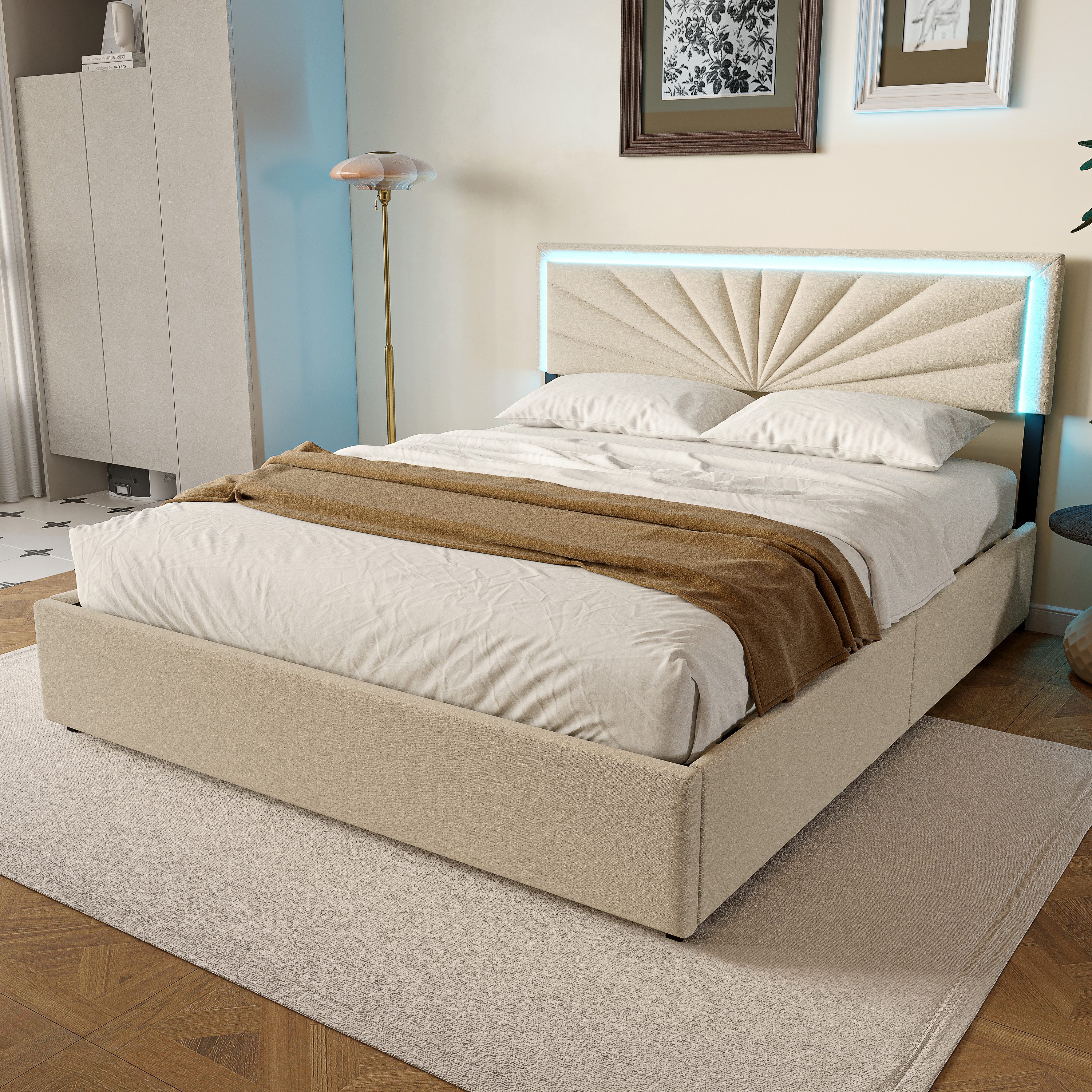 PXloue Stauraumbett Polsterbett Doppelbett 140x200 cm, Verstellbares Kopfteil, 4 Schublade, LED-Beleuchtung, 160x200