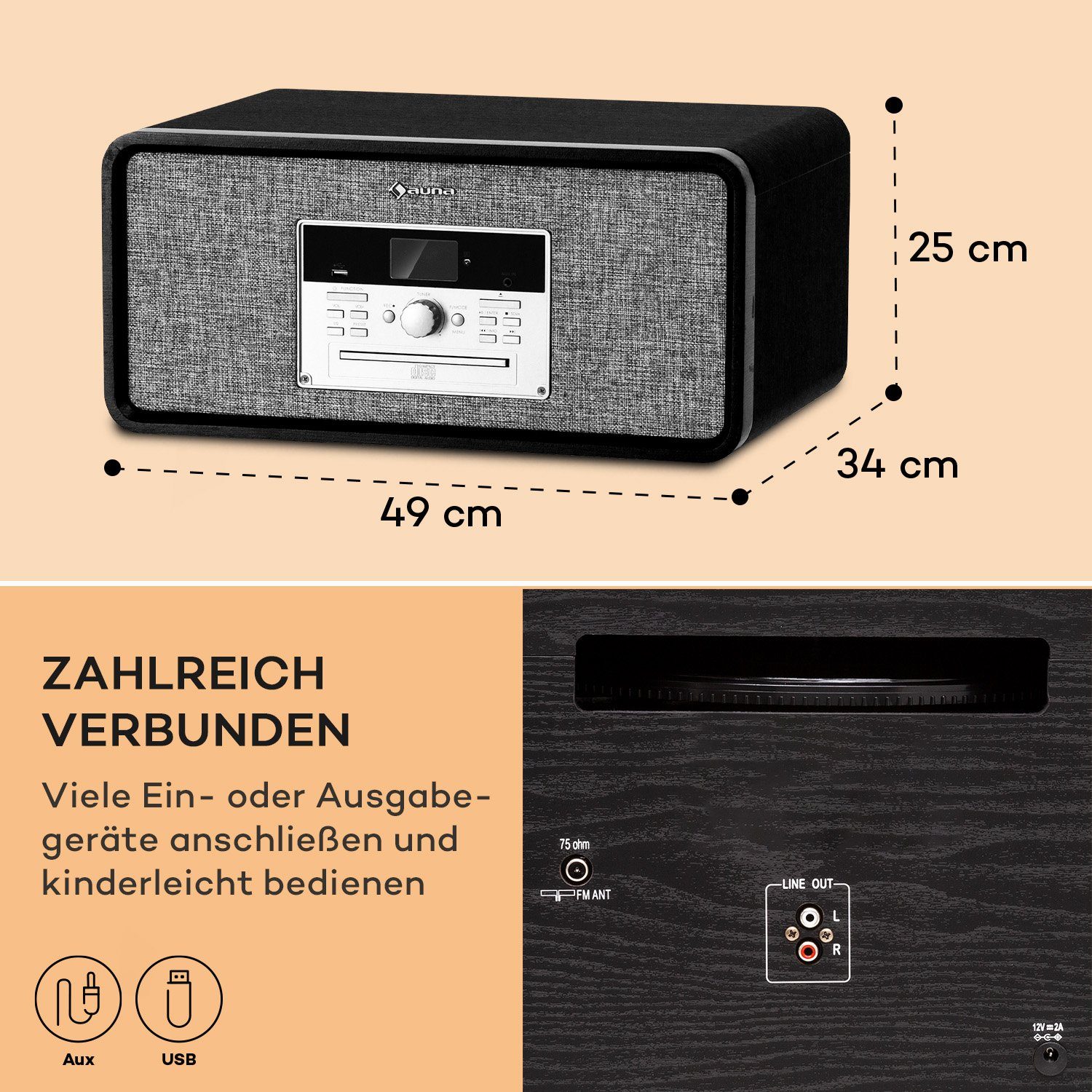 Schwarz Vinyl Plattenspieler) Plattenspieler (Riemenantrieb, Auna Lautsprecher Ann Bella mit Schallplattenspieler Bluetooth;CD, Radio