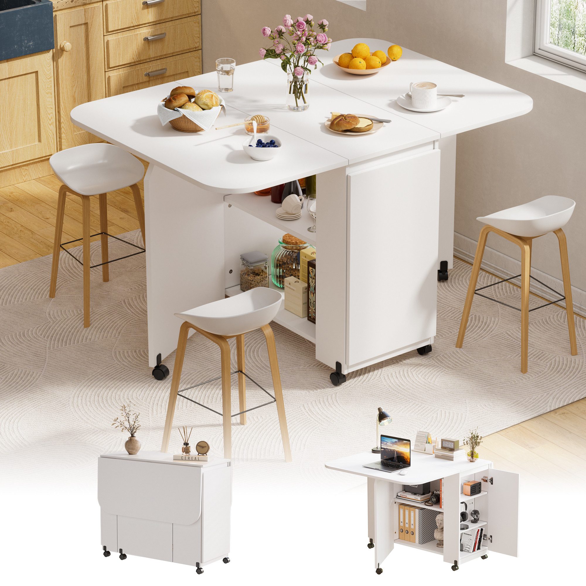 TWSOUL Esstisch Klapptisch mit Rollen & Stauraum, klappbar 30-110*84cm, Wei günstig online kaufen