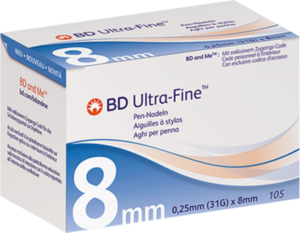Becton Dickinson Lanzetten BD ULTRA-FINE Pen-Nadeln 0,25x8mm, 31,00G, 105 St., Spar-Set, Latexfrei und ohne Pyrogen, 105 tlg., PentaPoint™ und EasyFlow™ -Technologie